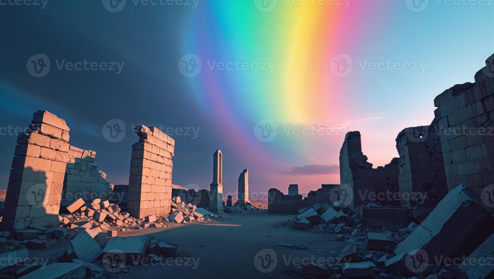 Rainbow over ruins of ancient city photo