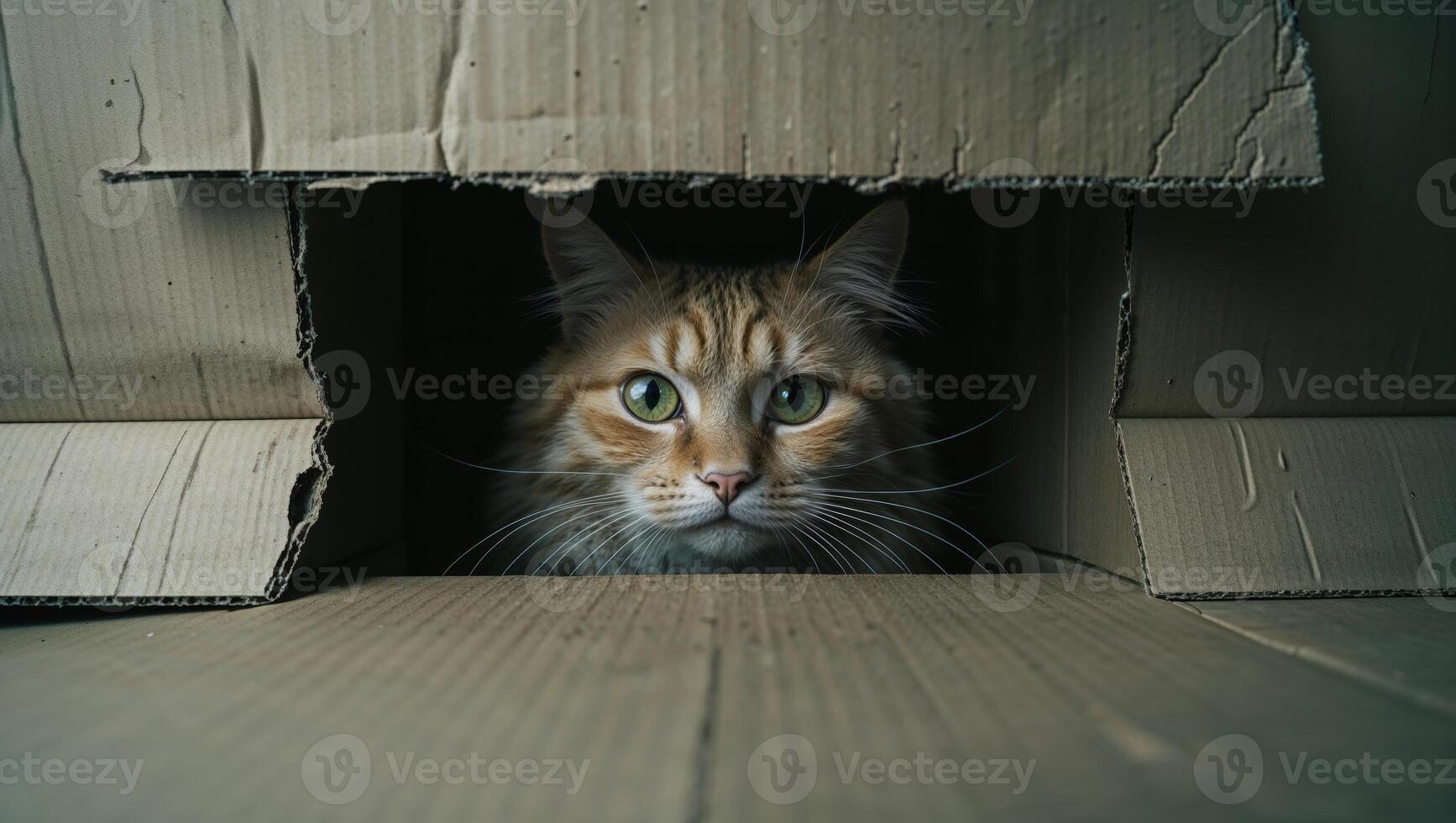 A cat peeking out from inside a cardboard box photo