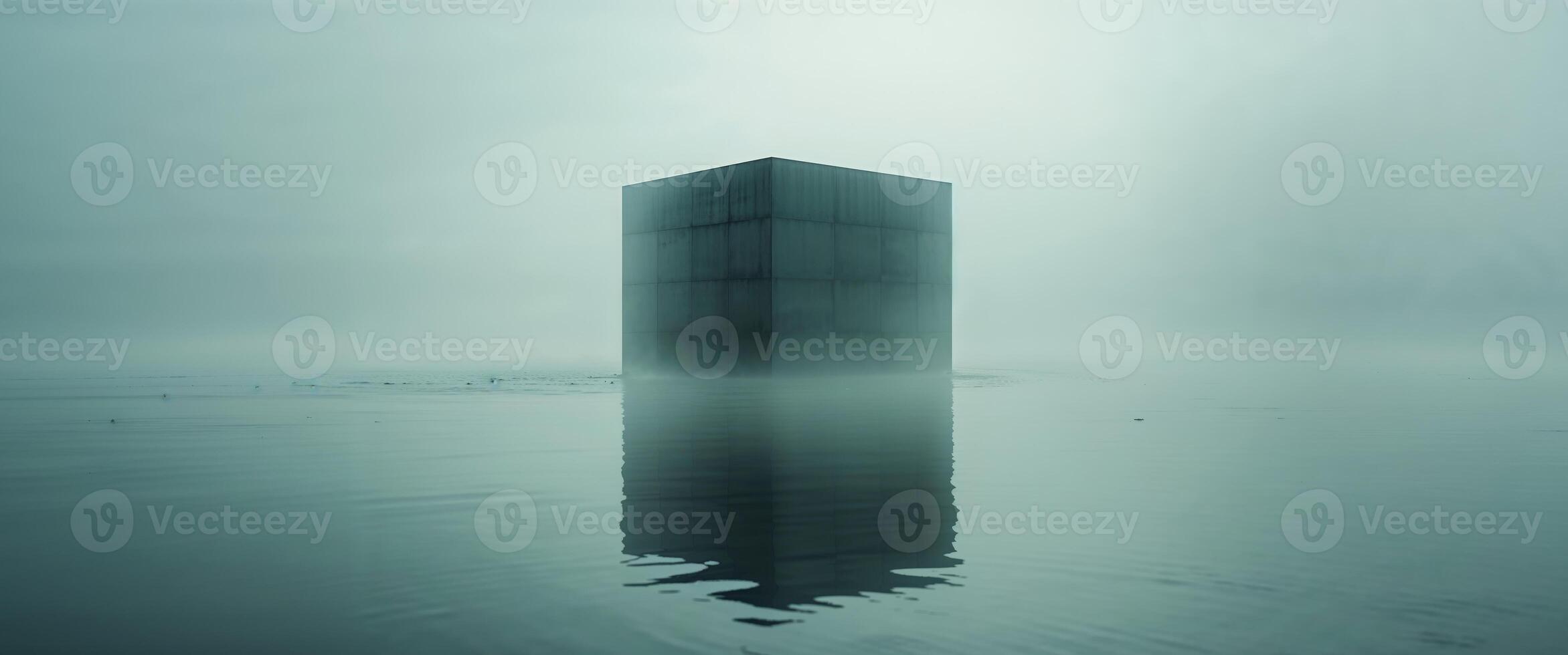 A large black cube sitting in the middle of a lake photo