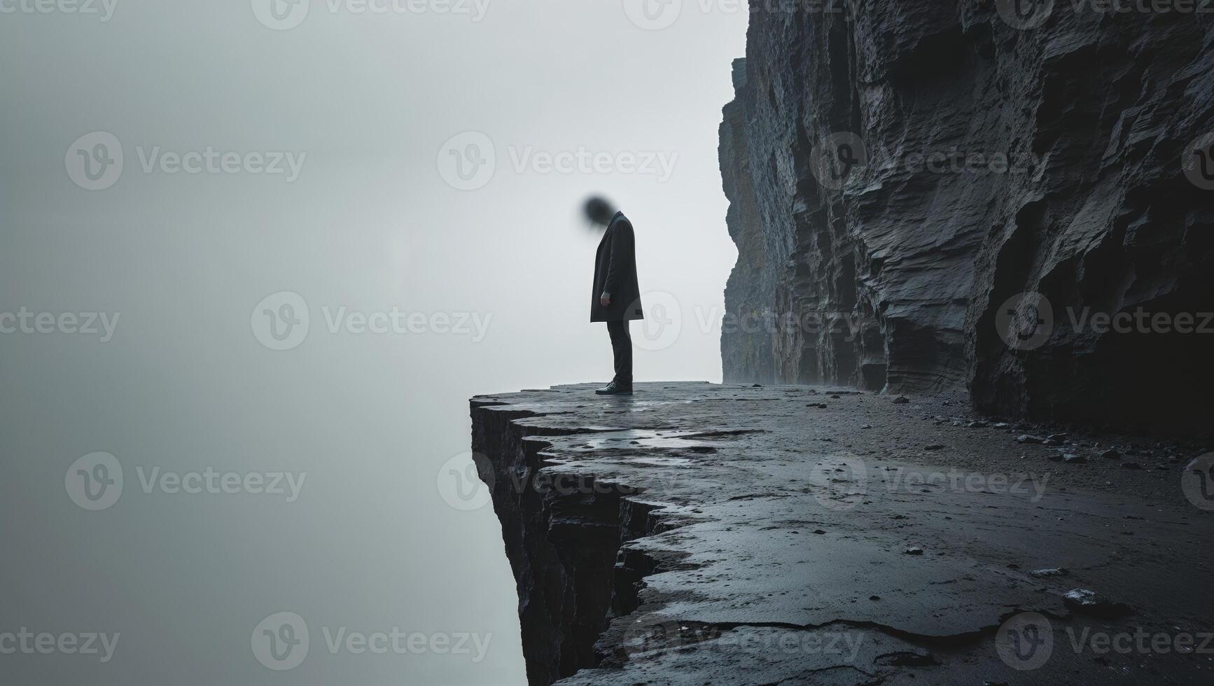 A man standing on a cliff with fog in the background photo