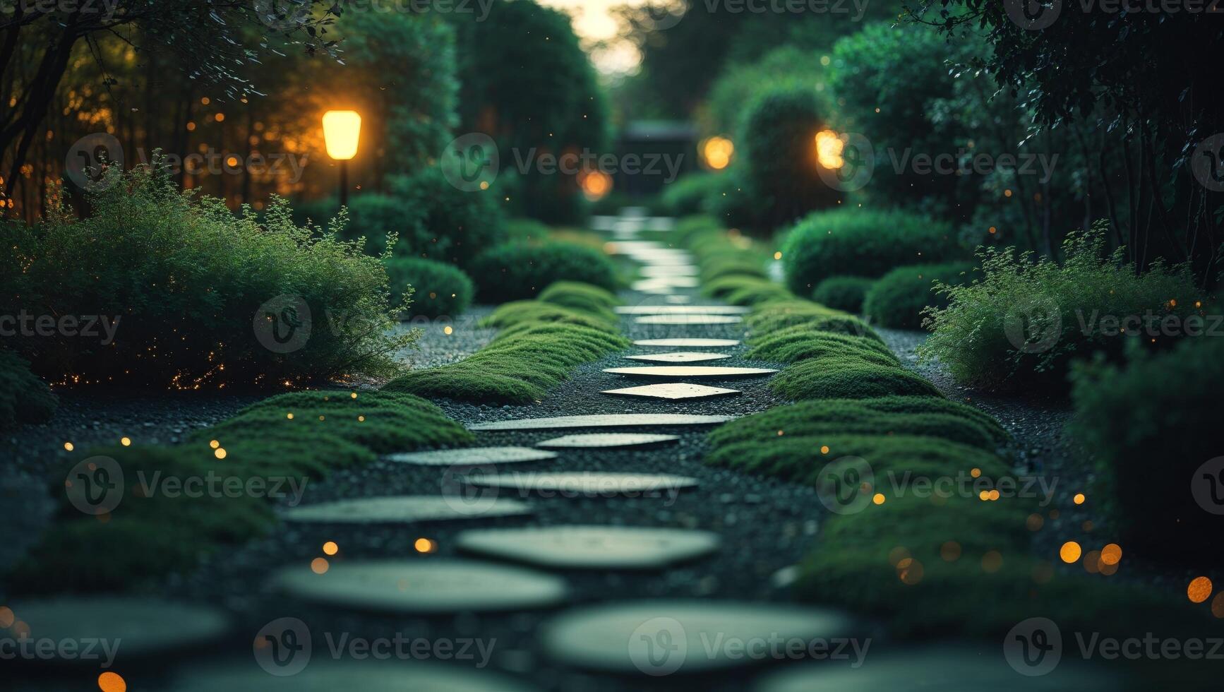 A pathway with stones and grass in the evening photo