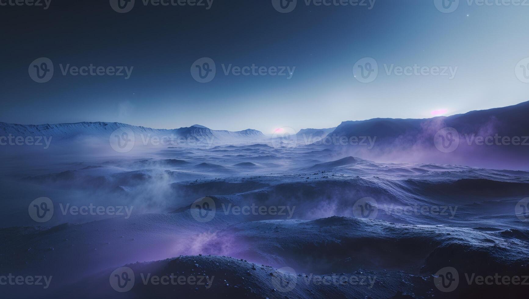 A purple landscape with mountains and water photo