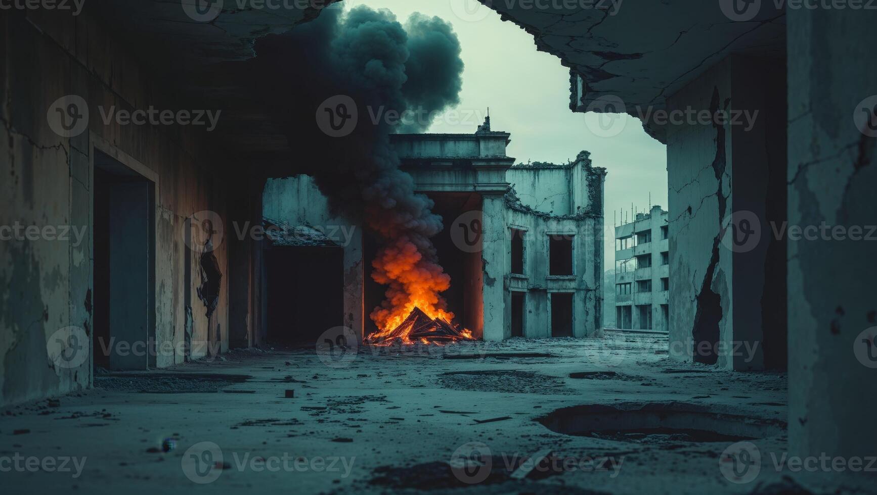 A burning building in an abandoned building photo
