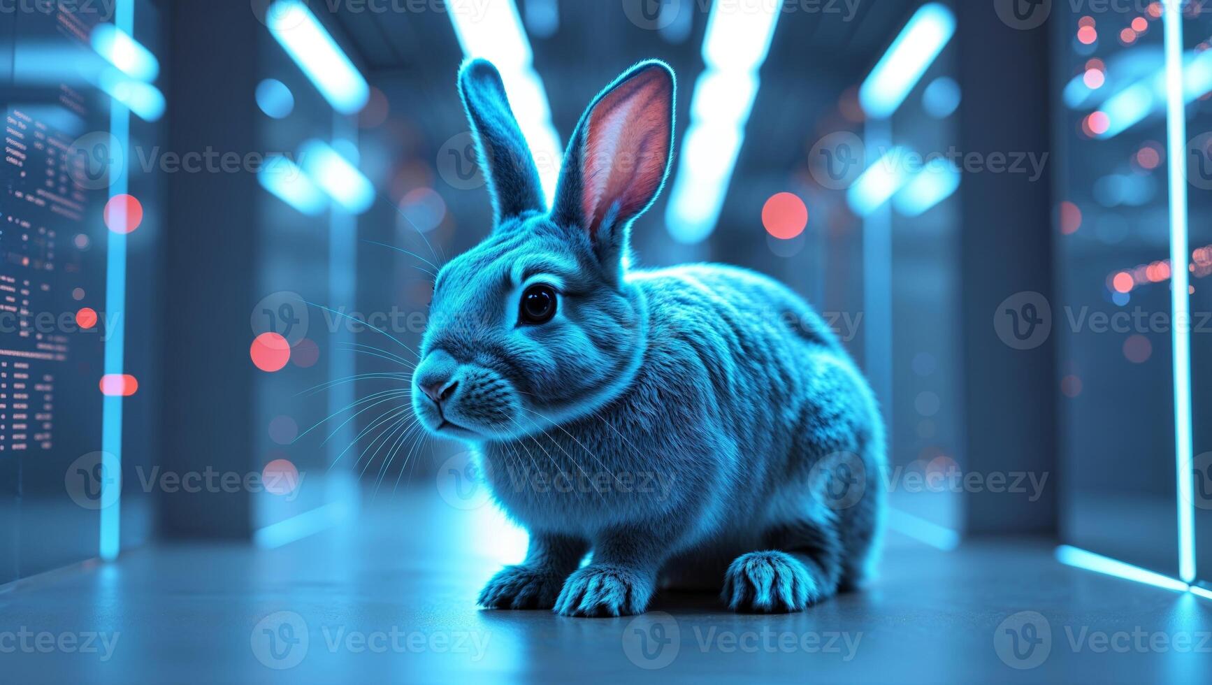 A rabbit is sitting in a dark room photo