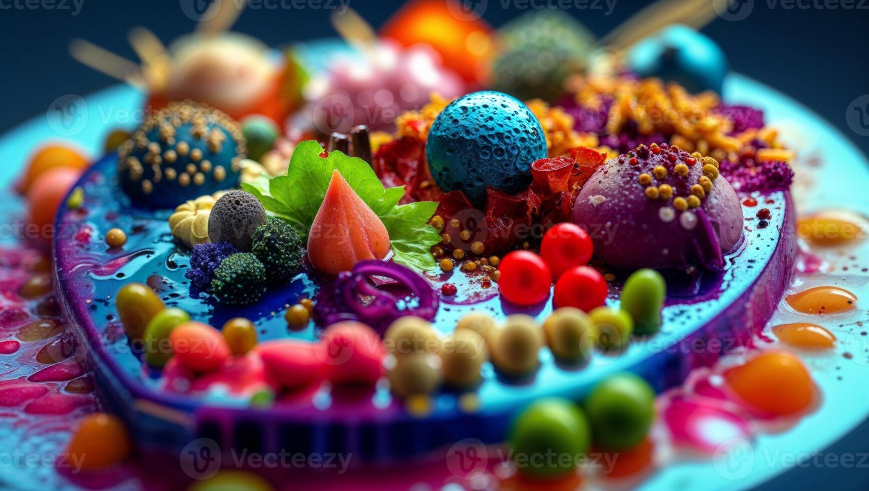 A colorful cake with candy and fruit on it photo