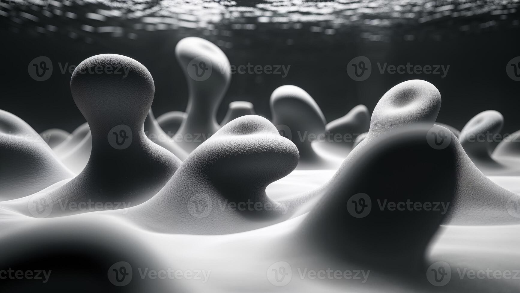 A group of white objects in a dark room photo