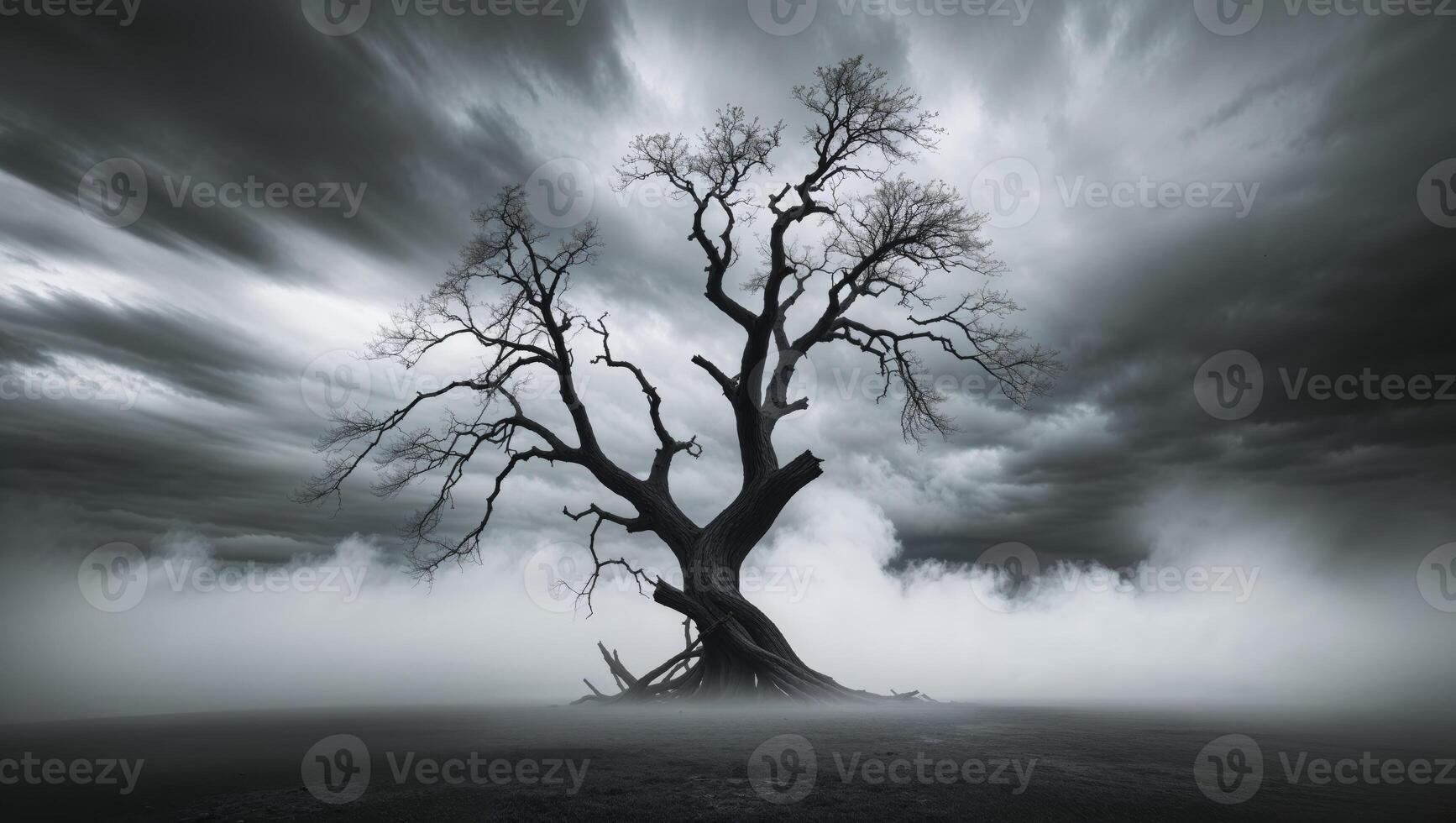 A tree in the middle of a foggy field photo