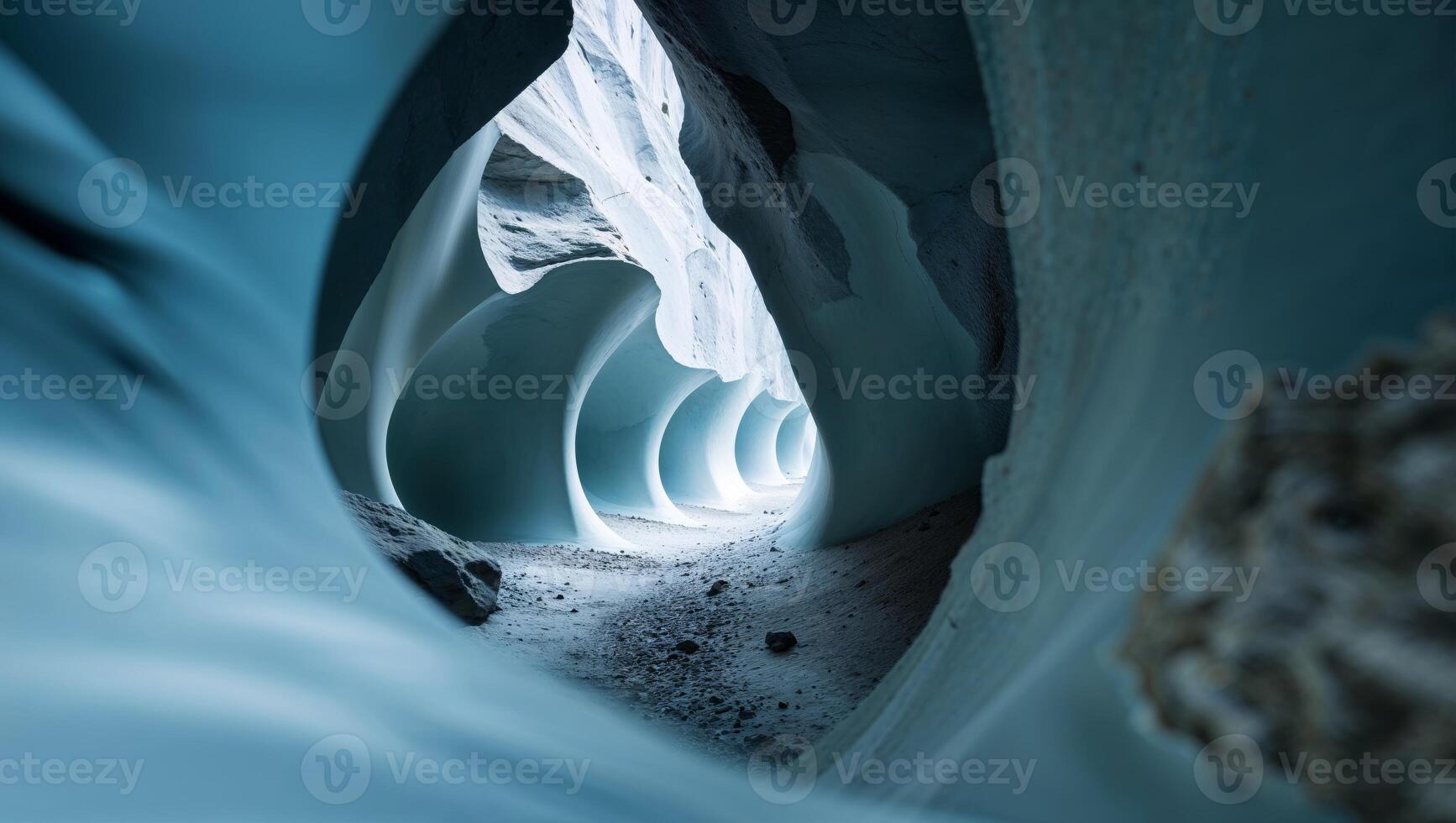 A tunnel in a glacier with blue ice photo