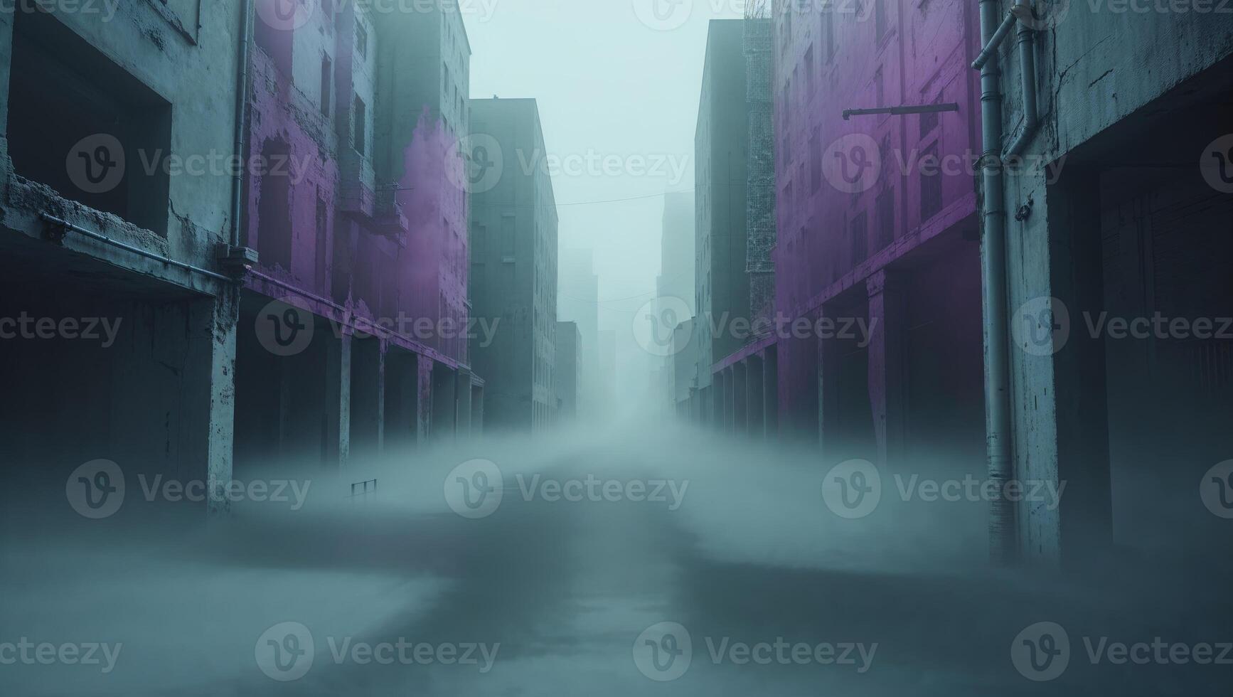 A dark alley with purple walls and fog photo