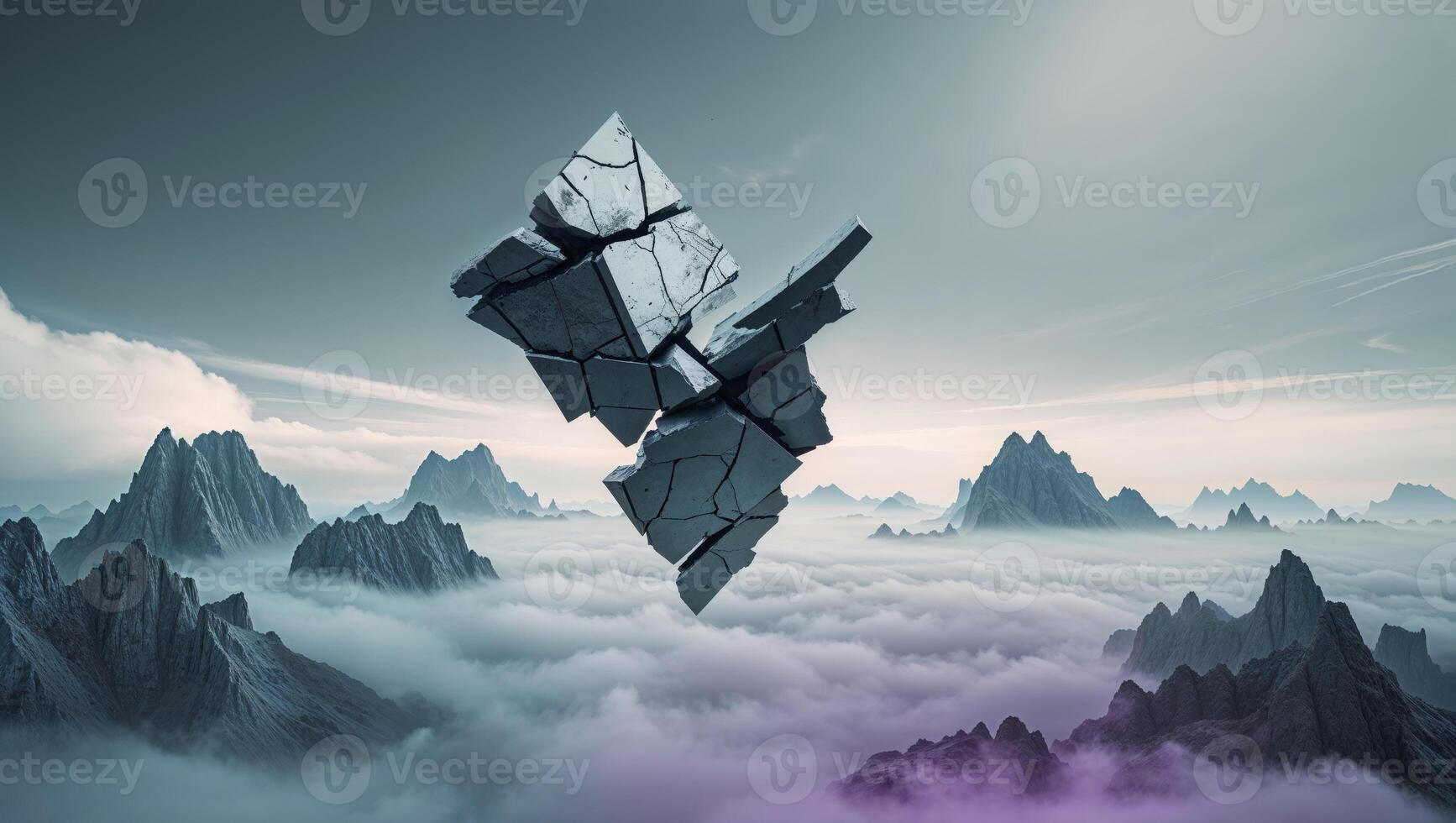 A rock in the sky with clouds above it photo