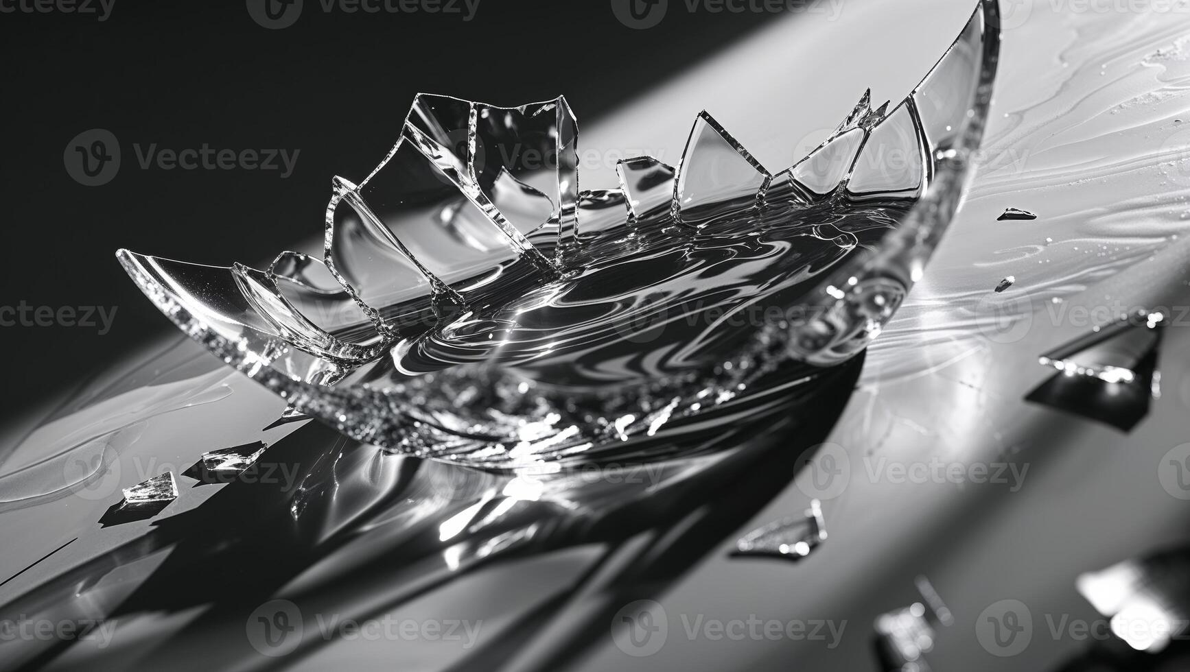 A broken glass bowl on a table with a broken piece of glass photo