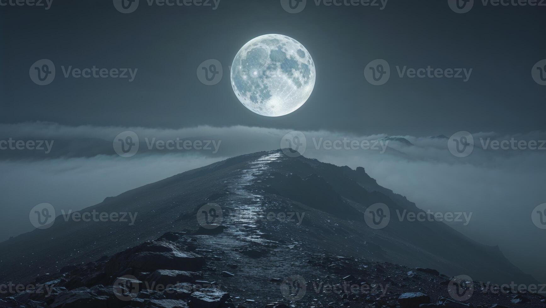 A full moon rises above a mountain in the fog photo