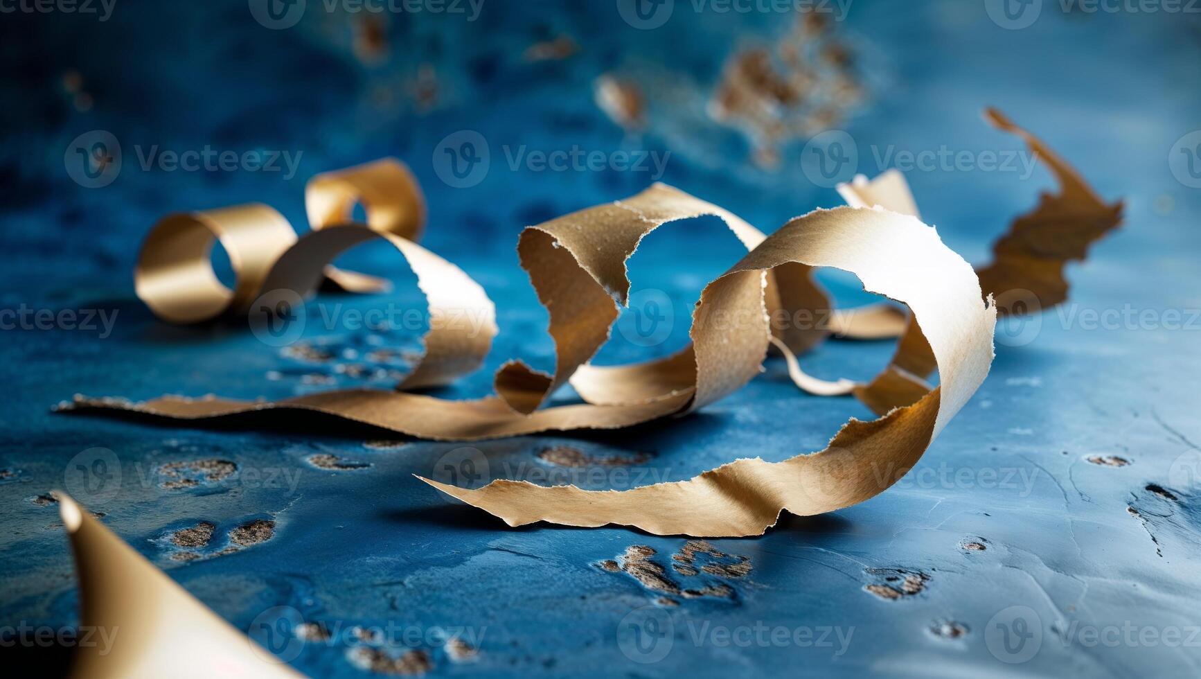 Golden paper torn into pieces on a blue background photo