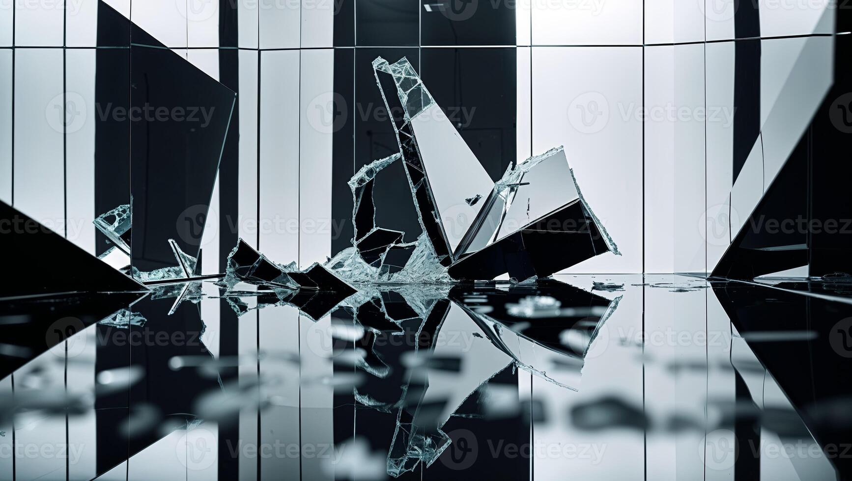 A broken mirror with a black and white image photo