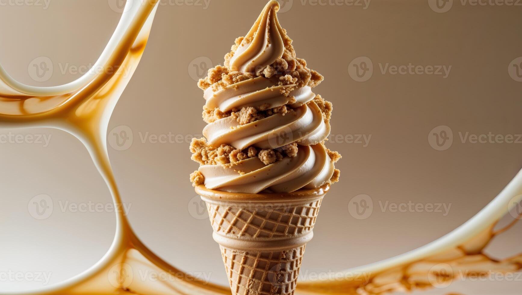 Caramel Swirl Soft Serve Ice Cream Cone with Crumble Topping and Drizzle on Beige Background photo