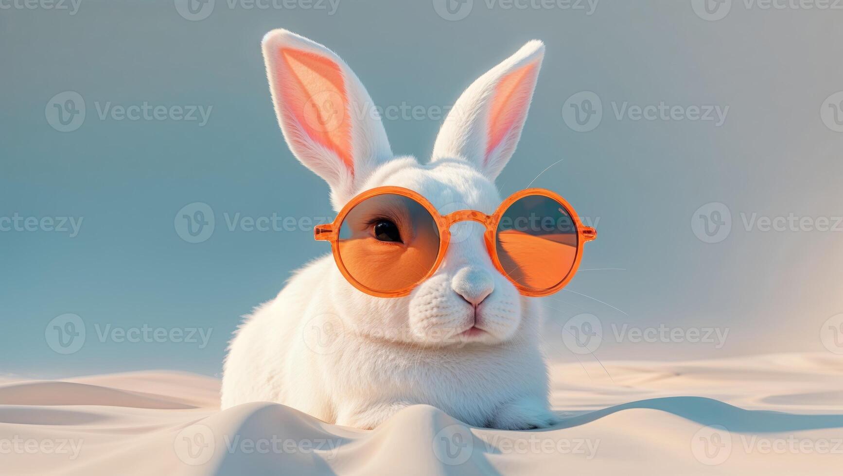 Summer Cool Down Playful White Rabbit Sporting Trendy Sunglasses Enjoys the Sunny Background photo