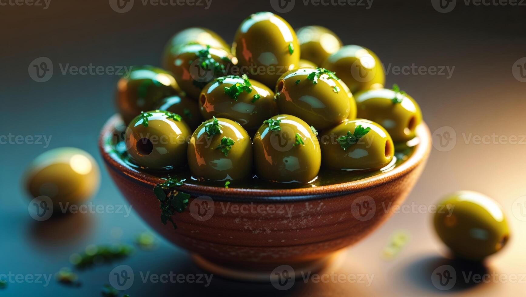 Garlic Herb Marinated Green Olives Bowl Appetizer Food photo