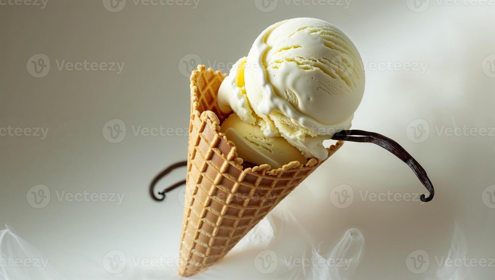 Delicious vanilla soft ice cream in crispy waffle cone on light background with vanilla beans photo