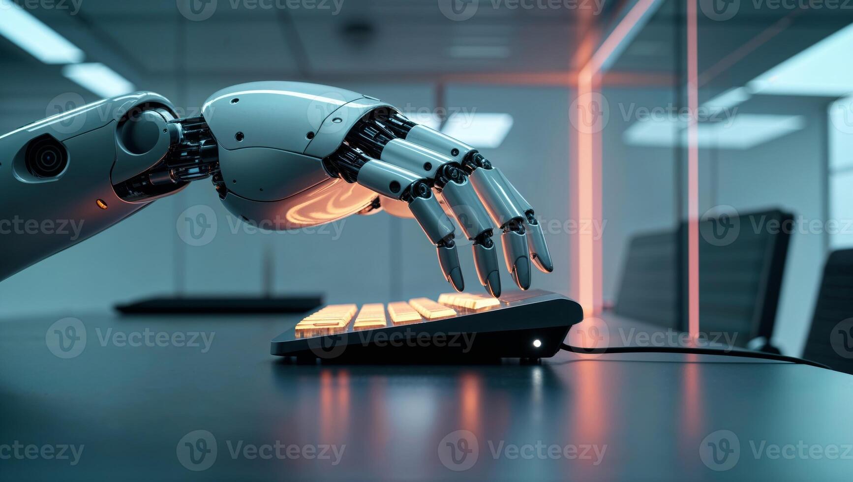 Robot Hand Typing On Illuminated Keyboard With Futuristic Office Background And Copy Space photo
