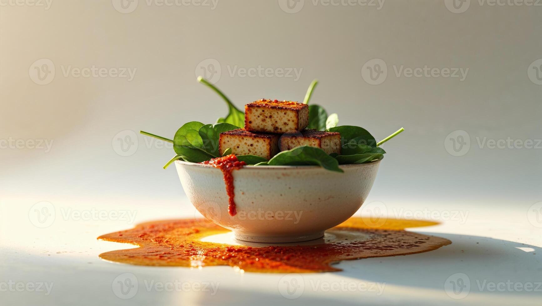 Grilled tofu with spinach and spicy sauce in a bowl photo