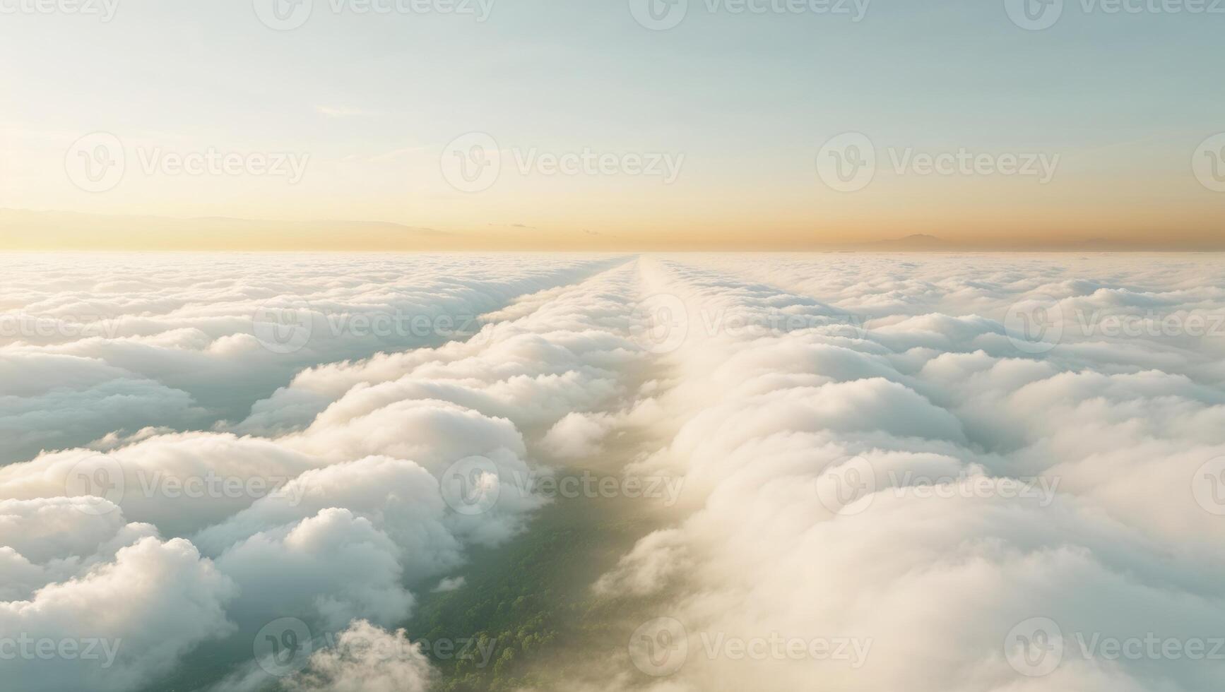 a mystical scene over a valley of clouds, where the sky meets the earth in a blur of white and gold photo