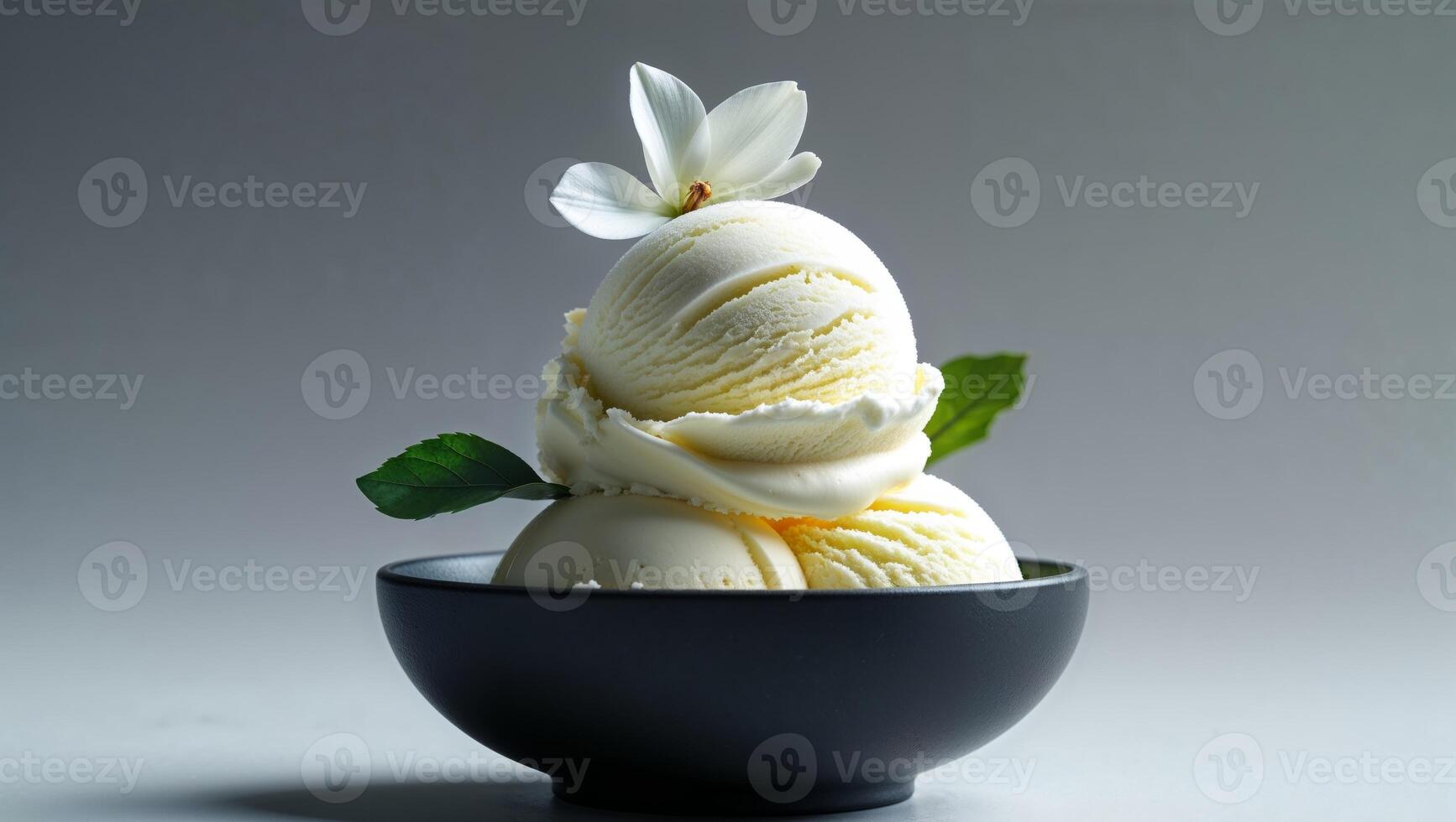 Creamy Vanilla Ice Cream Scoop in Black Bowl with Flower and Leaf Garnish on Gray Background photo