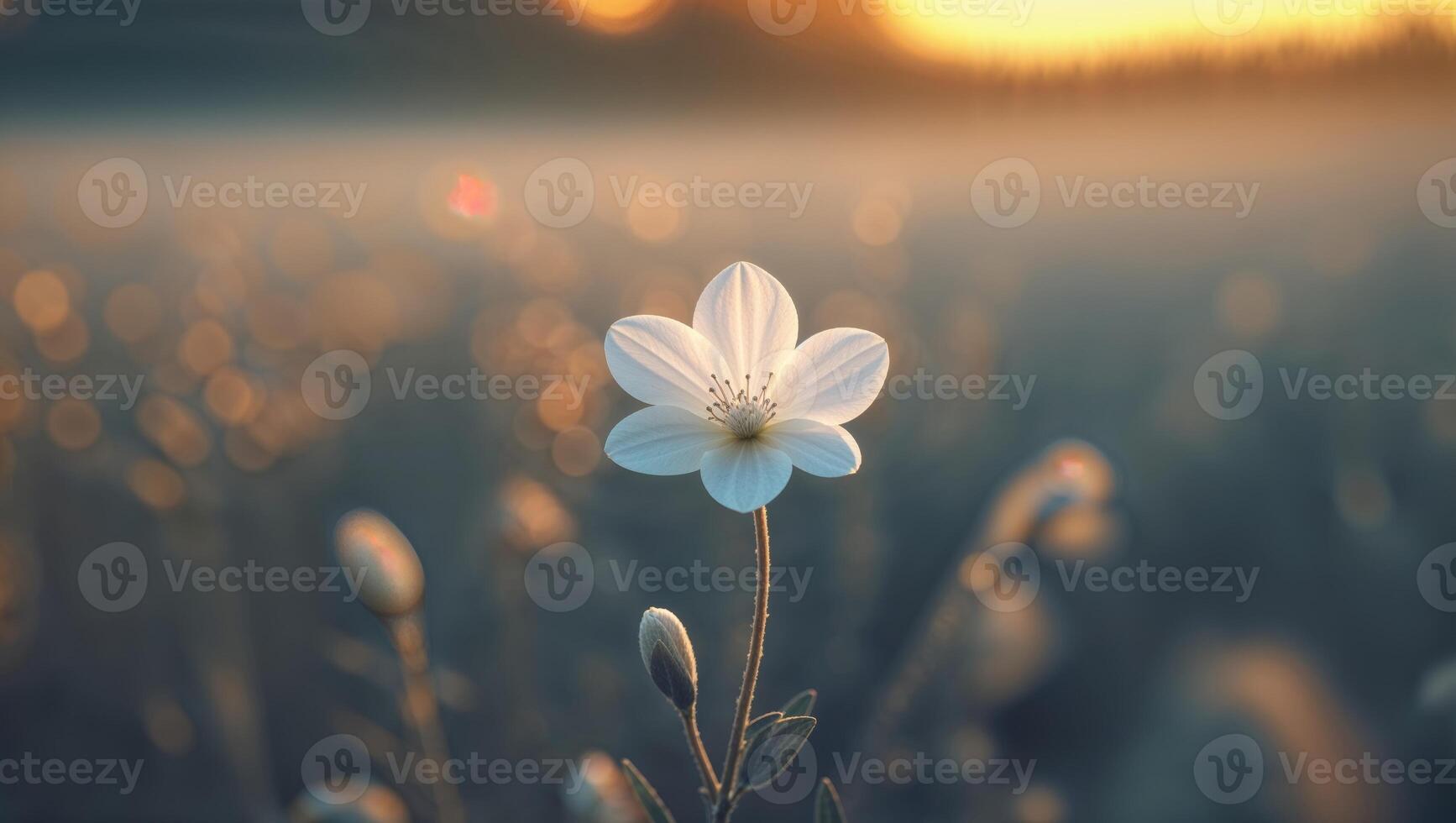 White Flower Blooming in Field at Sunset Golden Hour Light photo