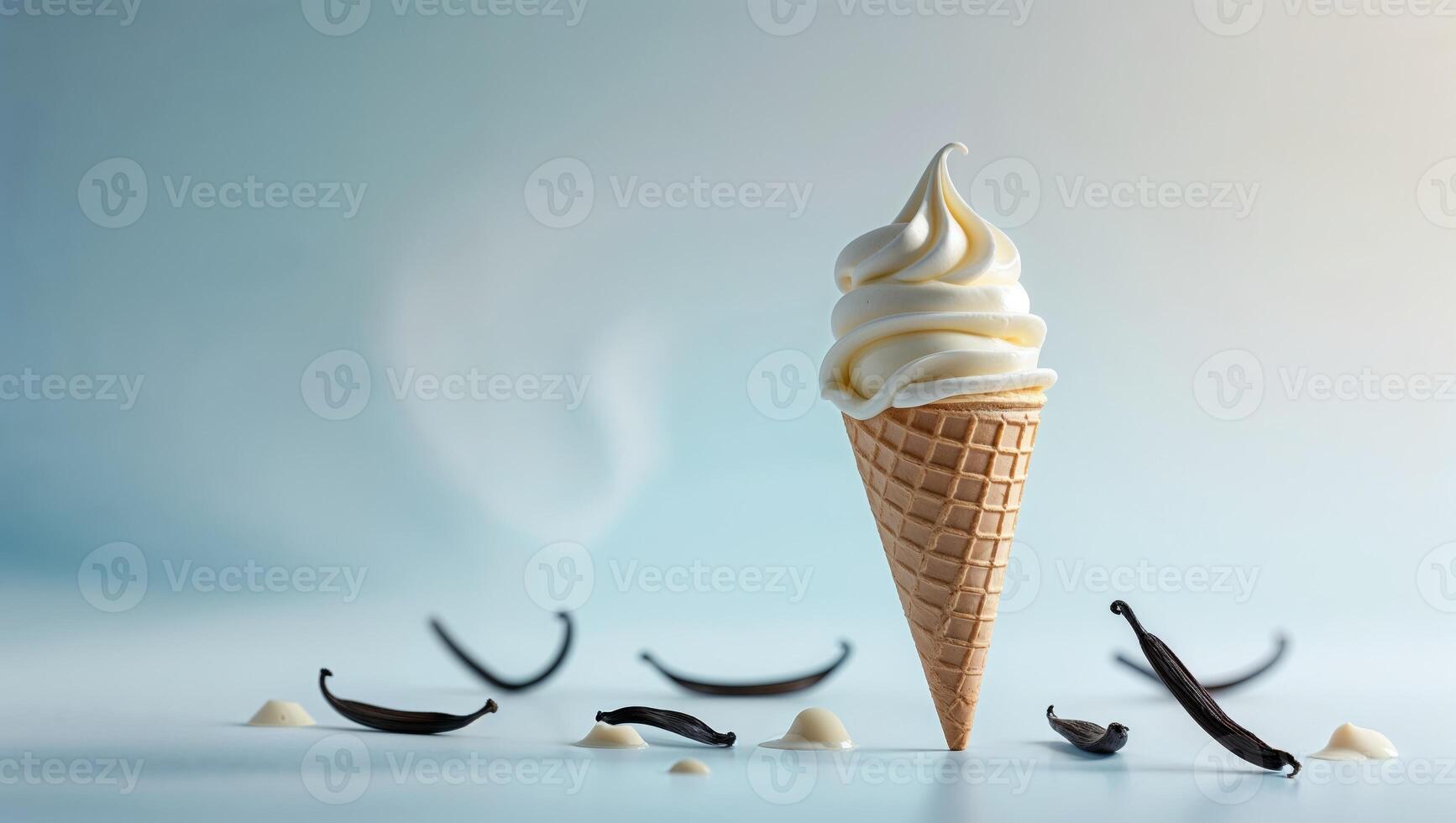 Classic Vanilla Ice Cream Cone on Light Blue Background with scattered Vanilla Bean Pods photo
