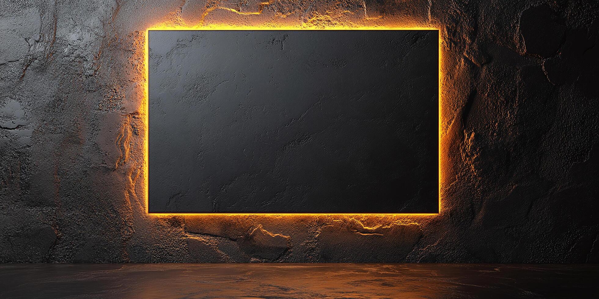 Dark Stone Wall with Glowing Frame Creates a Dramatic and Modern Backdrop photo