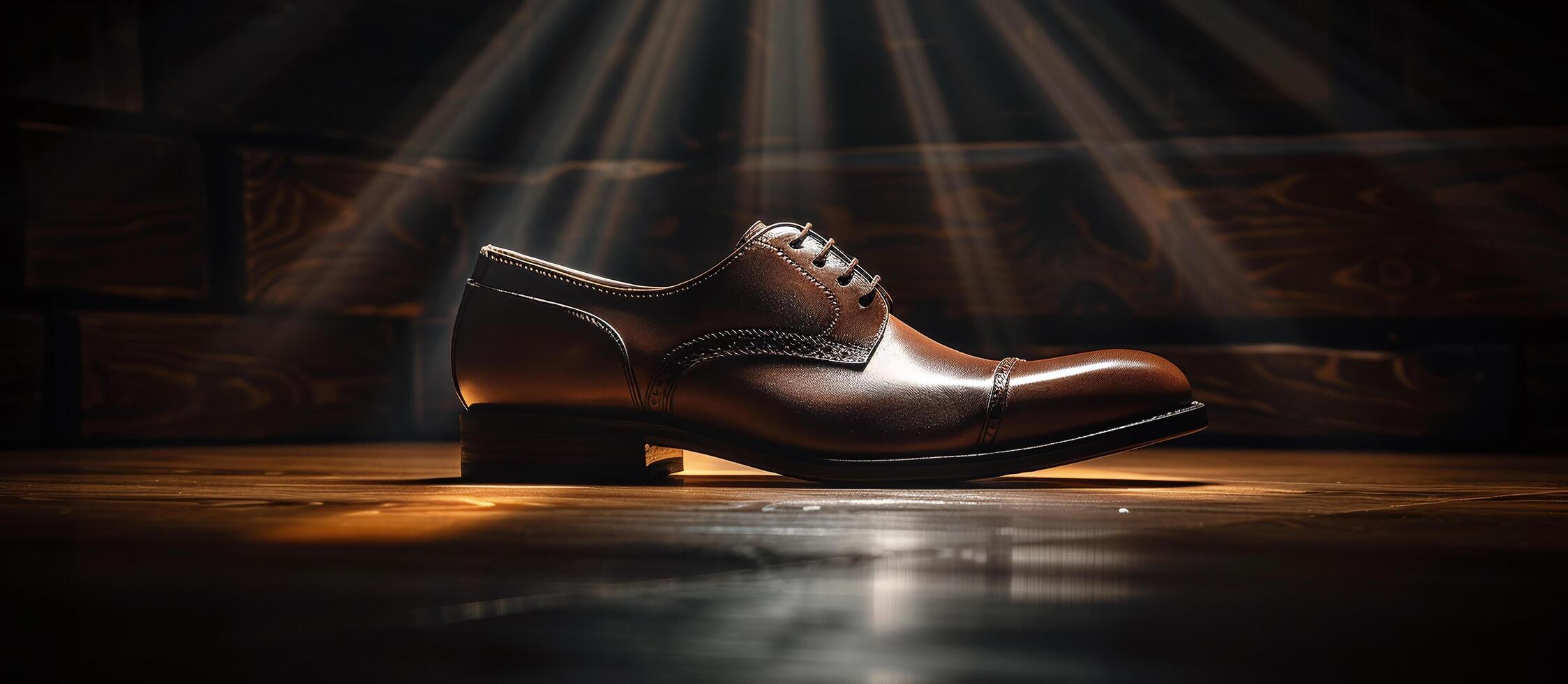 Elegant Brown Leather Dress Shoe on Wooden Surface with Dramatic Lighting photo