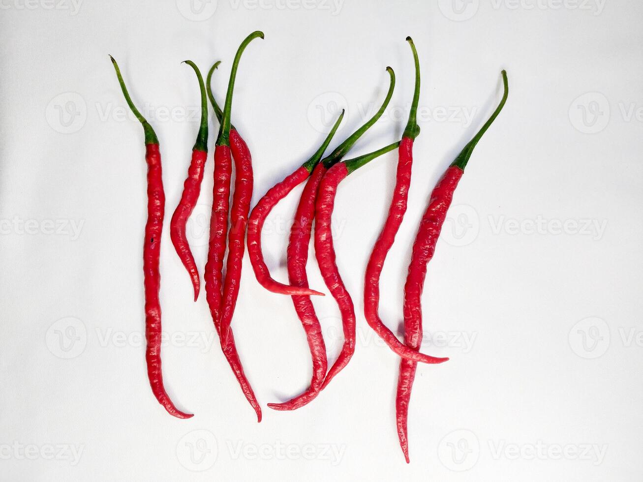 Fresh red chili arranged neatly on the surface of the white background photo