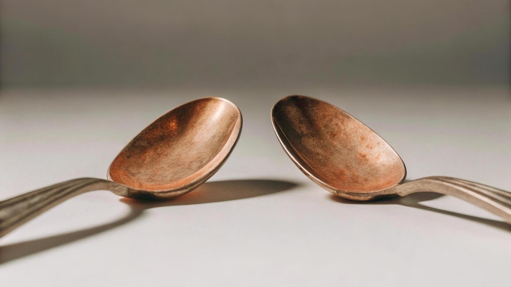 Close up of two antique spoons facing each other on a white surface in soft lighting photo