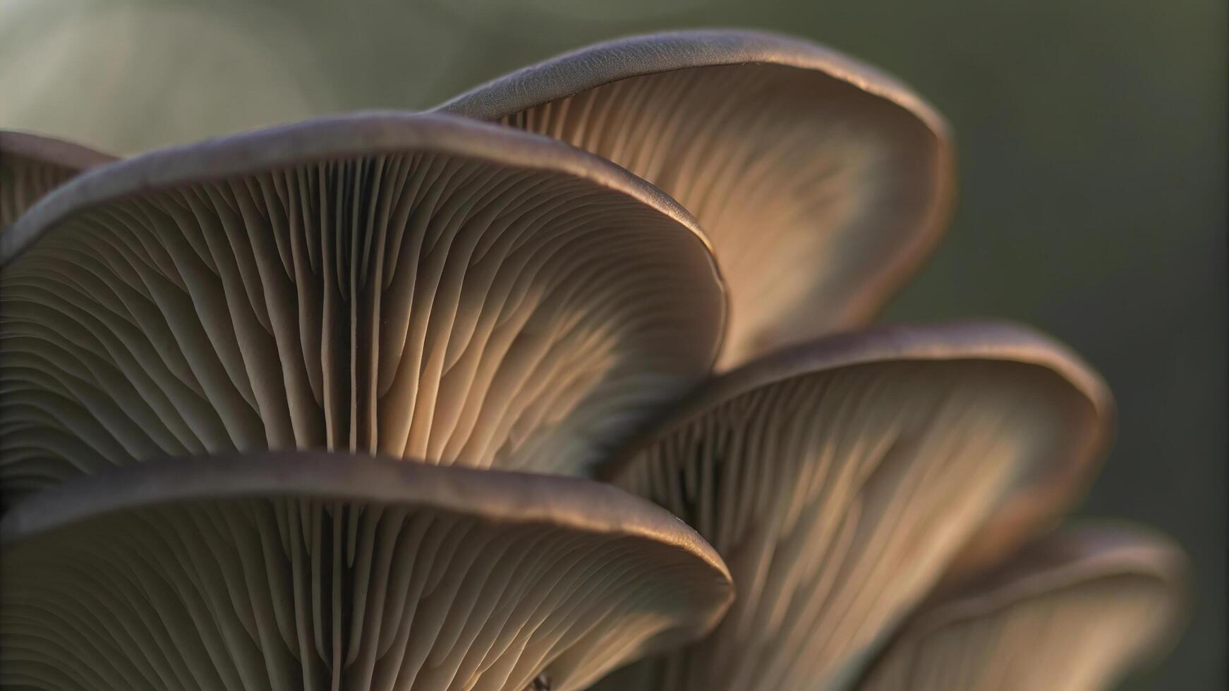 A close up shot of several oyster mushrooms showing their gills and cap edges well photo