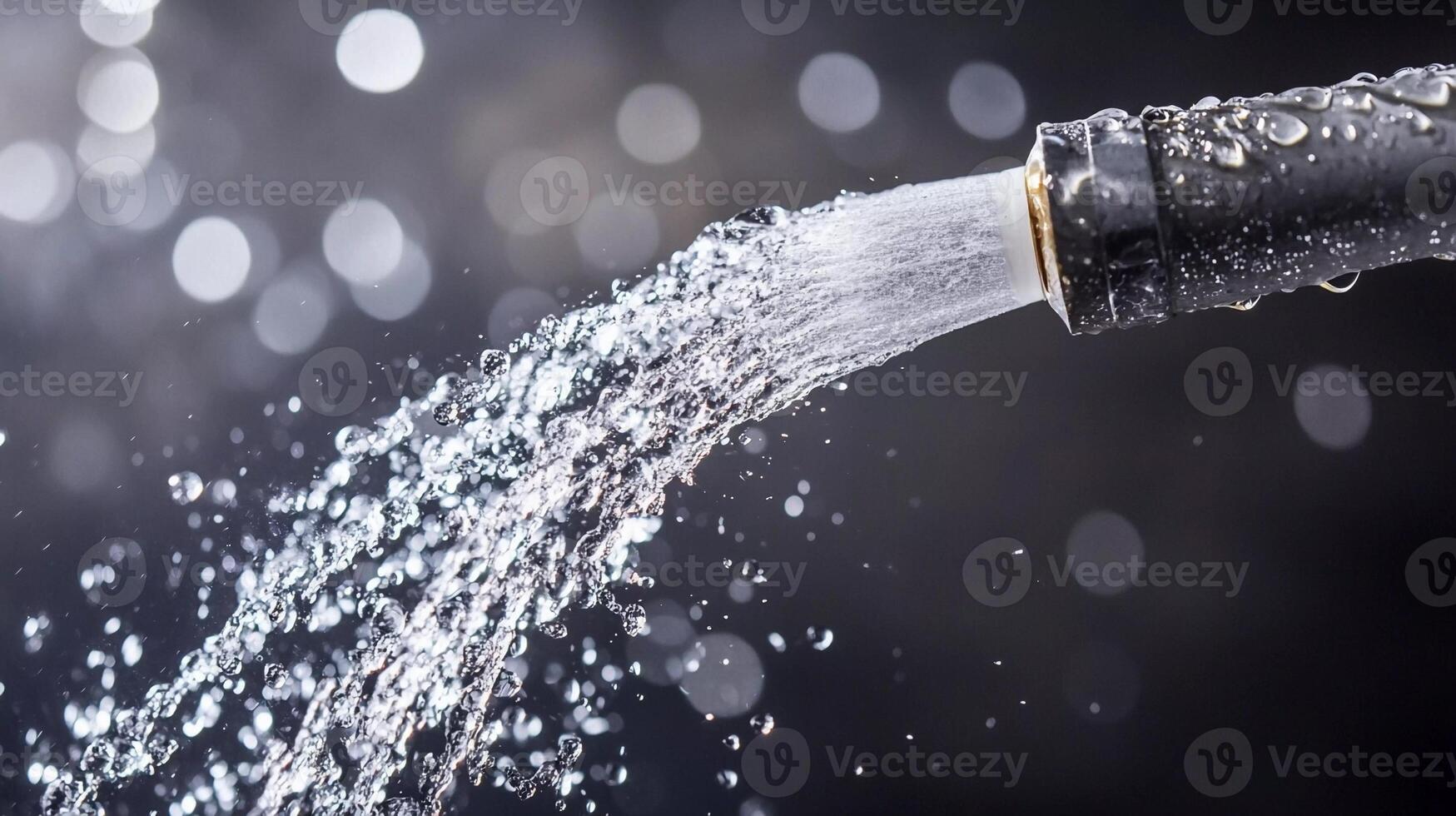 Stream of water flows from a garden hose creating sparkling droplets in sunlight at a backyard setting photo