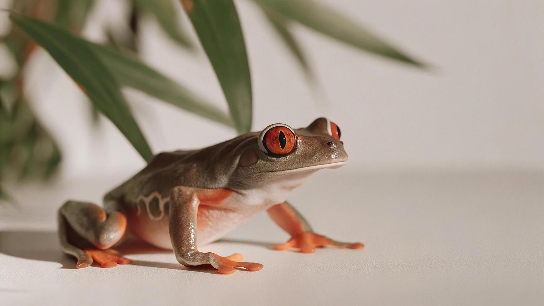 A red eyed tree frog sitting on a white surface with green leaves in the background photo