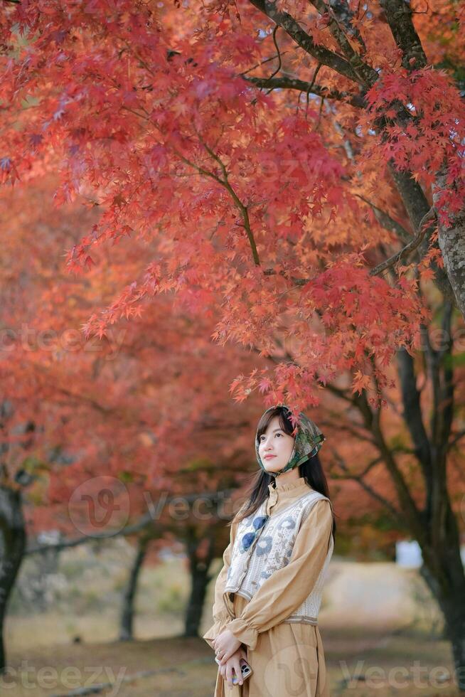 Southeast asian woman enjoys travel under vibrant red autumn leaves, embracing peaceful concept of nature and seasonal beauty with calm and thoughtful expression photo