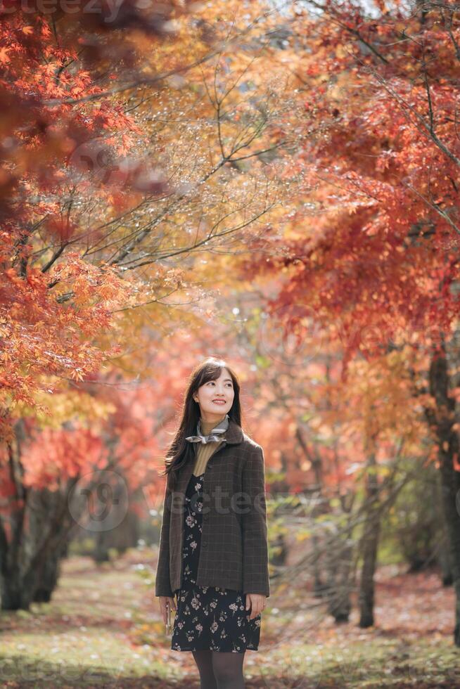 Southeast asian woman enjoys peaceful autumn day surrounded by vibrant orange and red leaves in serene forest setting with soft natural light and gentle smile photo