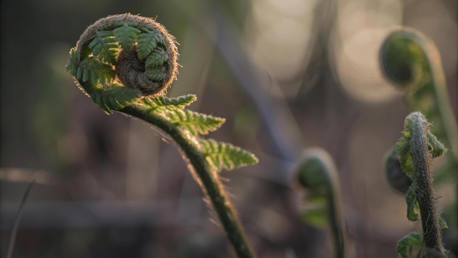 A close up of a fern frond unfurling in soft light with blurred background foliage photo