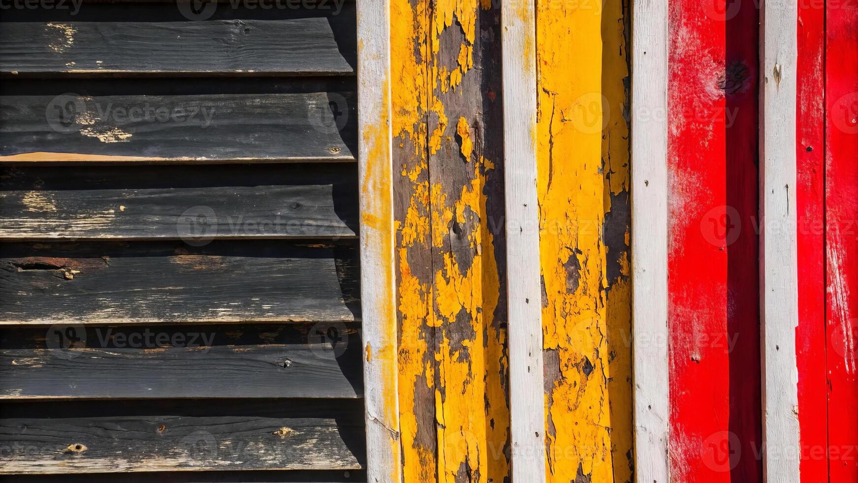 Close up of weathered wooden planks painted in black, yellow, white, and red colors photo
