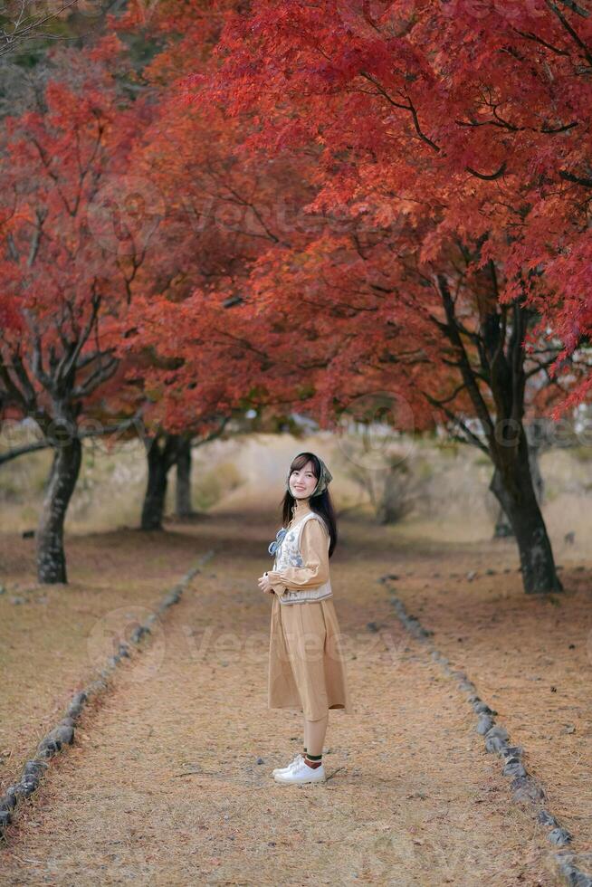 Southeast asian woman enjoys travel under vibrant red autumn trees in peaceful park setting, capturing serene concept of nature and exploration with joyful expression photo
