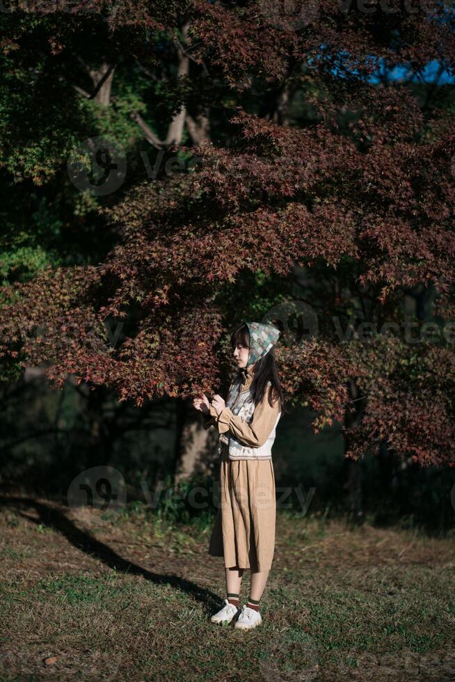 Southeast asian woman enjoys travel concept standing peacefully under large tree with autumn leaves, embracing nature beauty in serene outdoor setting photo