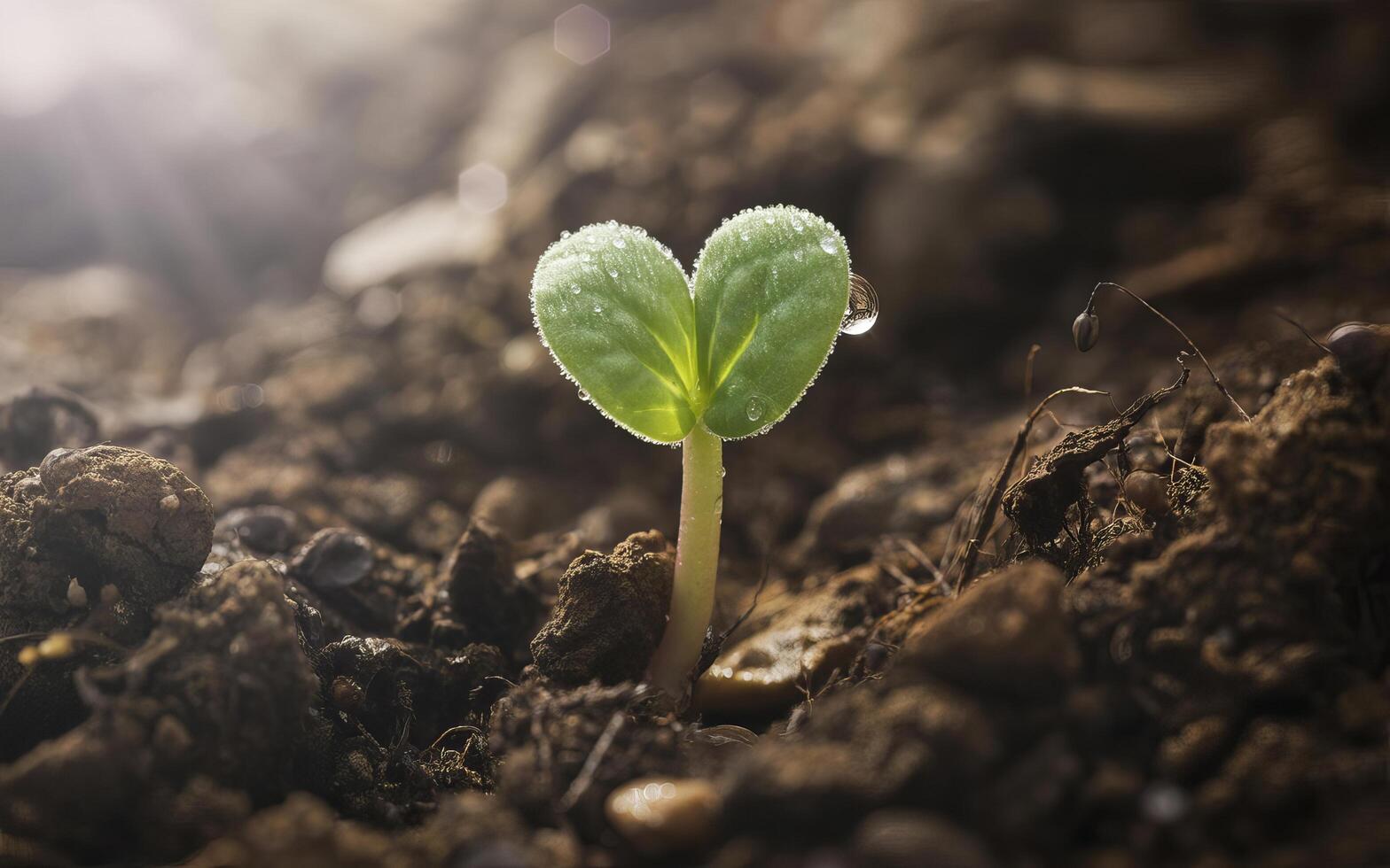 Close up of a small green sprout emerging from dark soil with water droplets on leaves photo