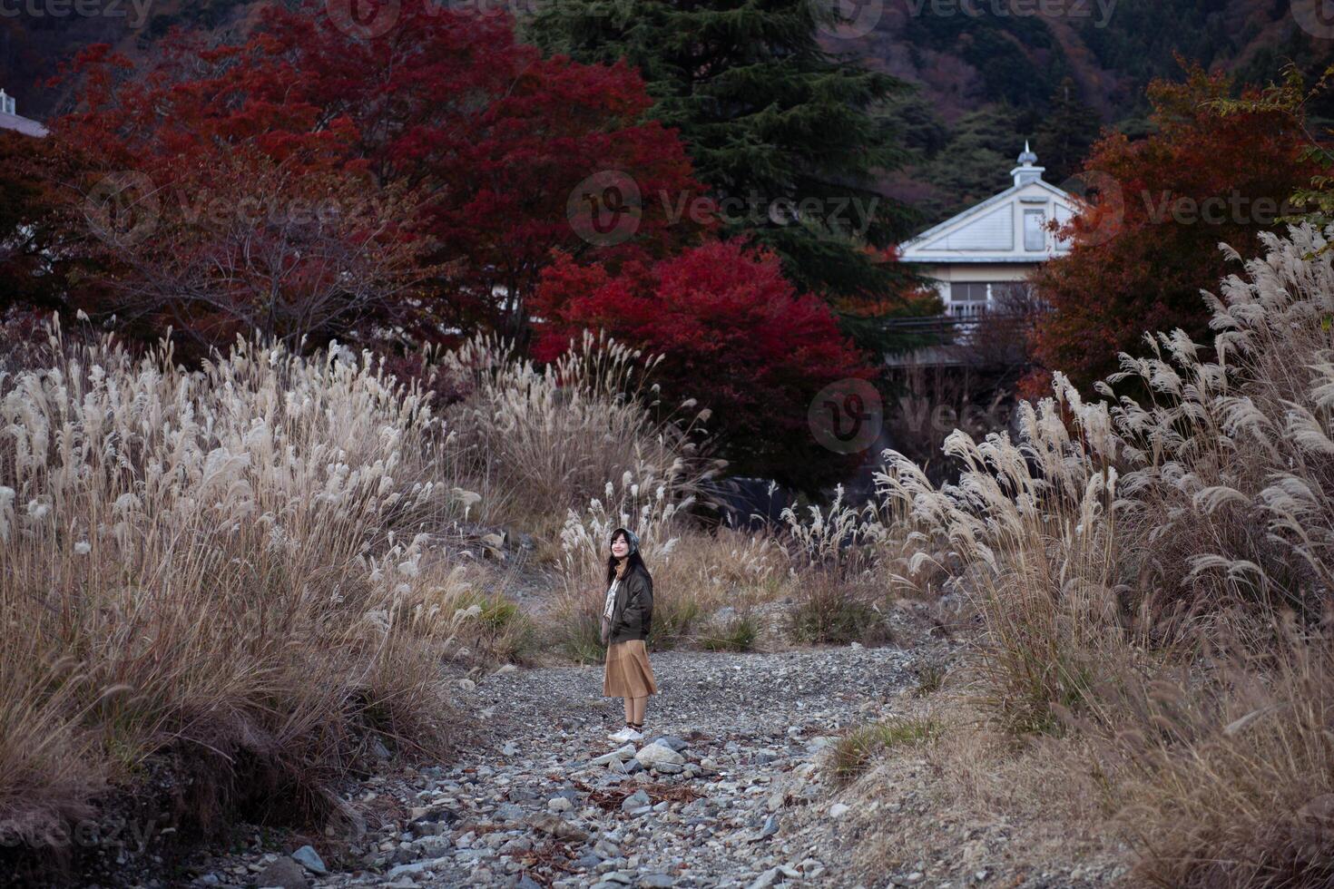 Southeast Asian woman stands on rocky path surrounded by tall dry grass and vibrant red autumn trees near traditional building creating peaceful and natural scene photo