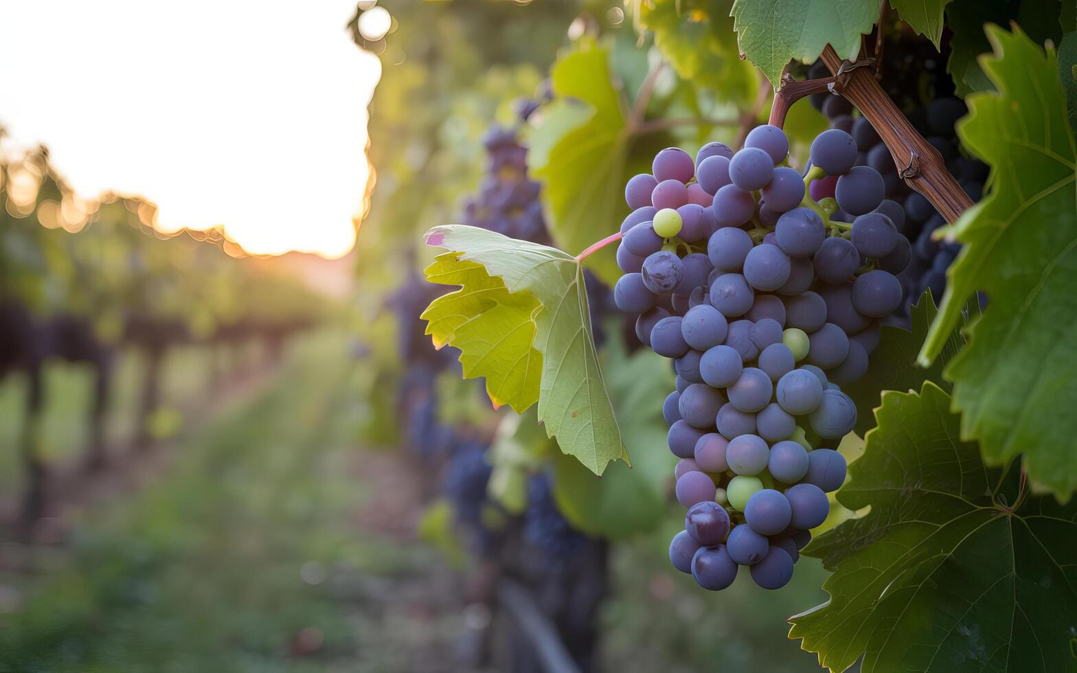 A close up of dark grapes hanging on a vine in a vineyard during sunset light photo