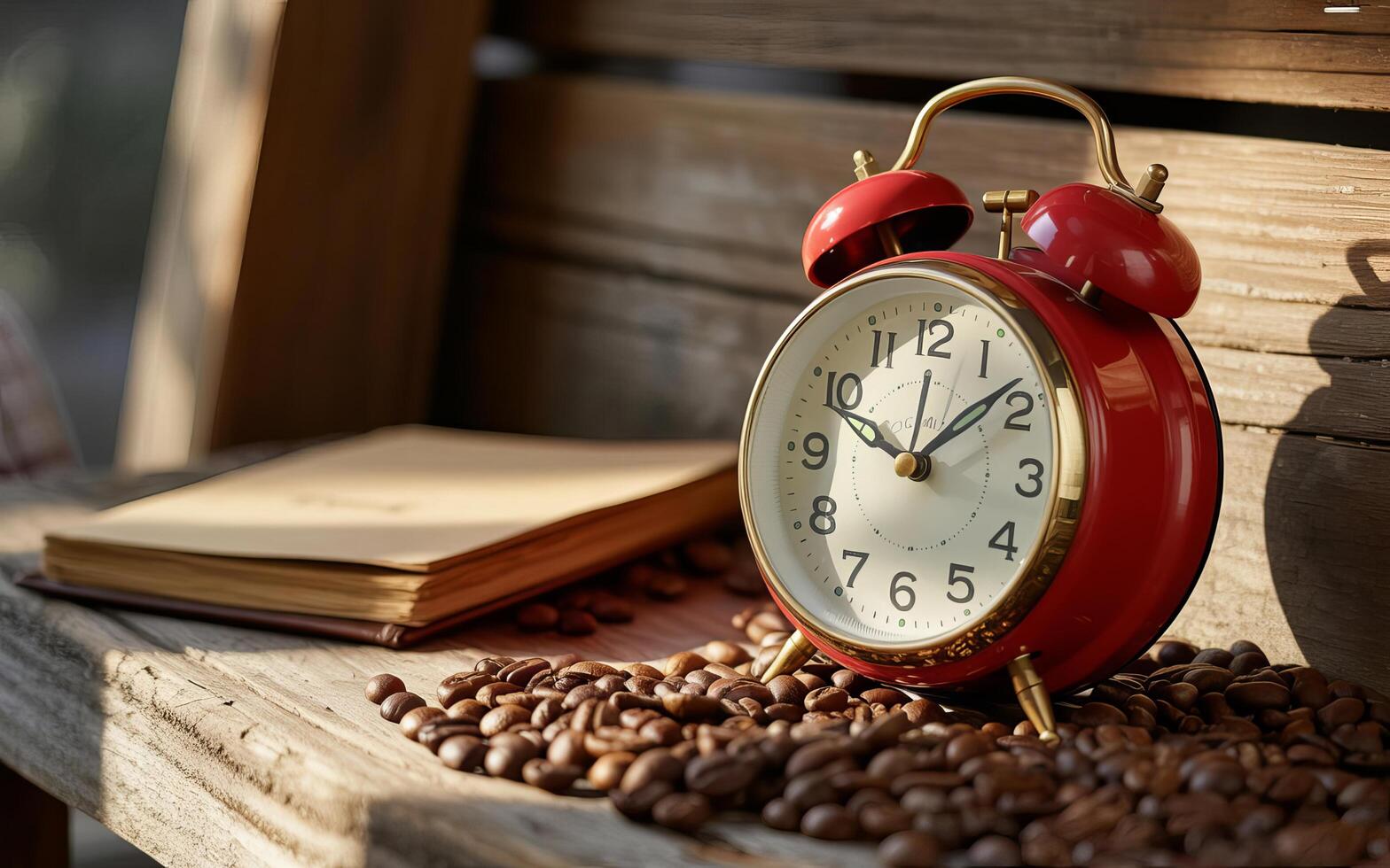 A red alarm clock resting on coffee beans next to an open book on a wooden surface photo