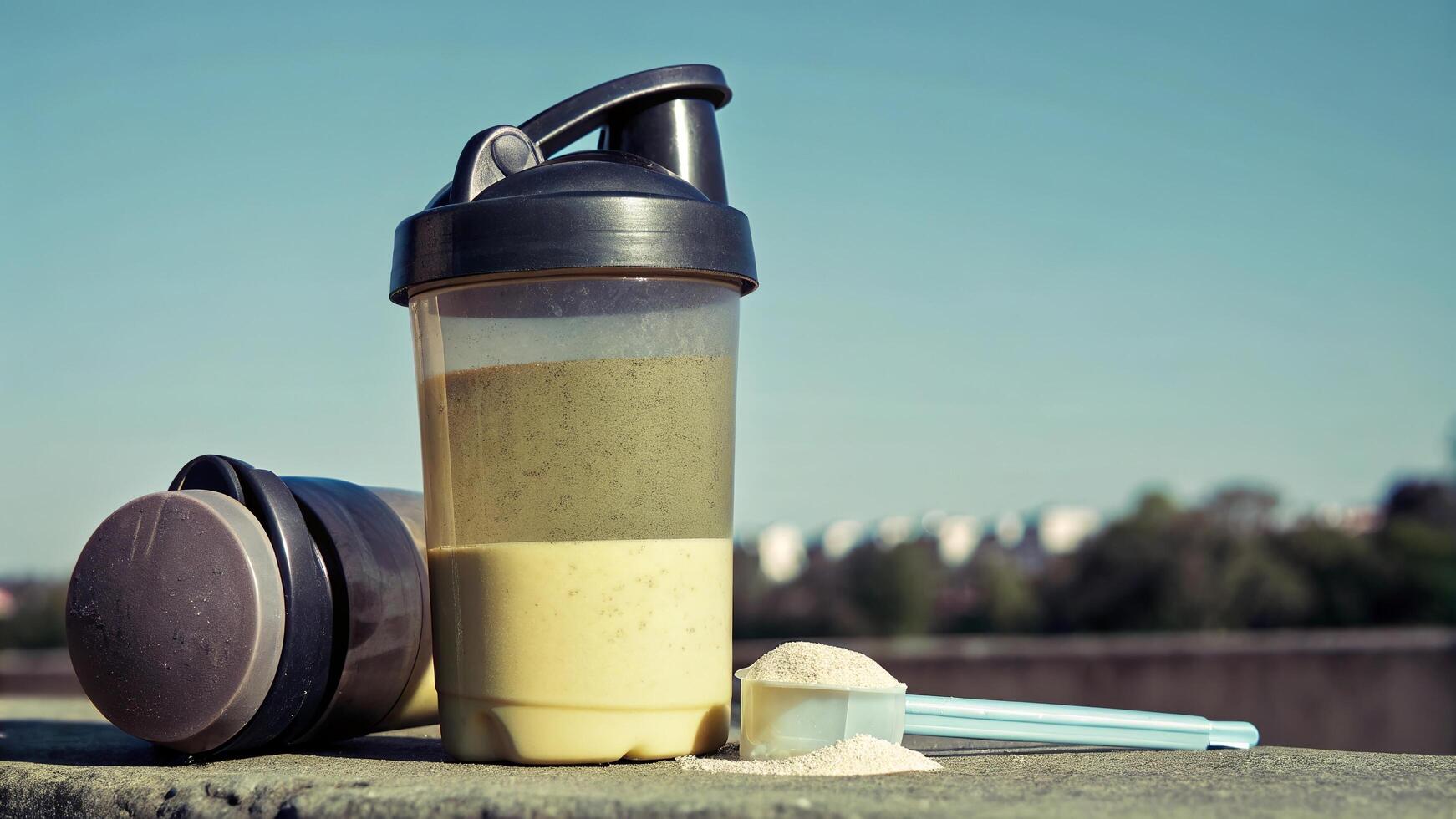 Protein shake in a shaker bottle with scoop and lid on a concrete surface outdoors photo