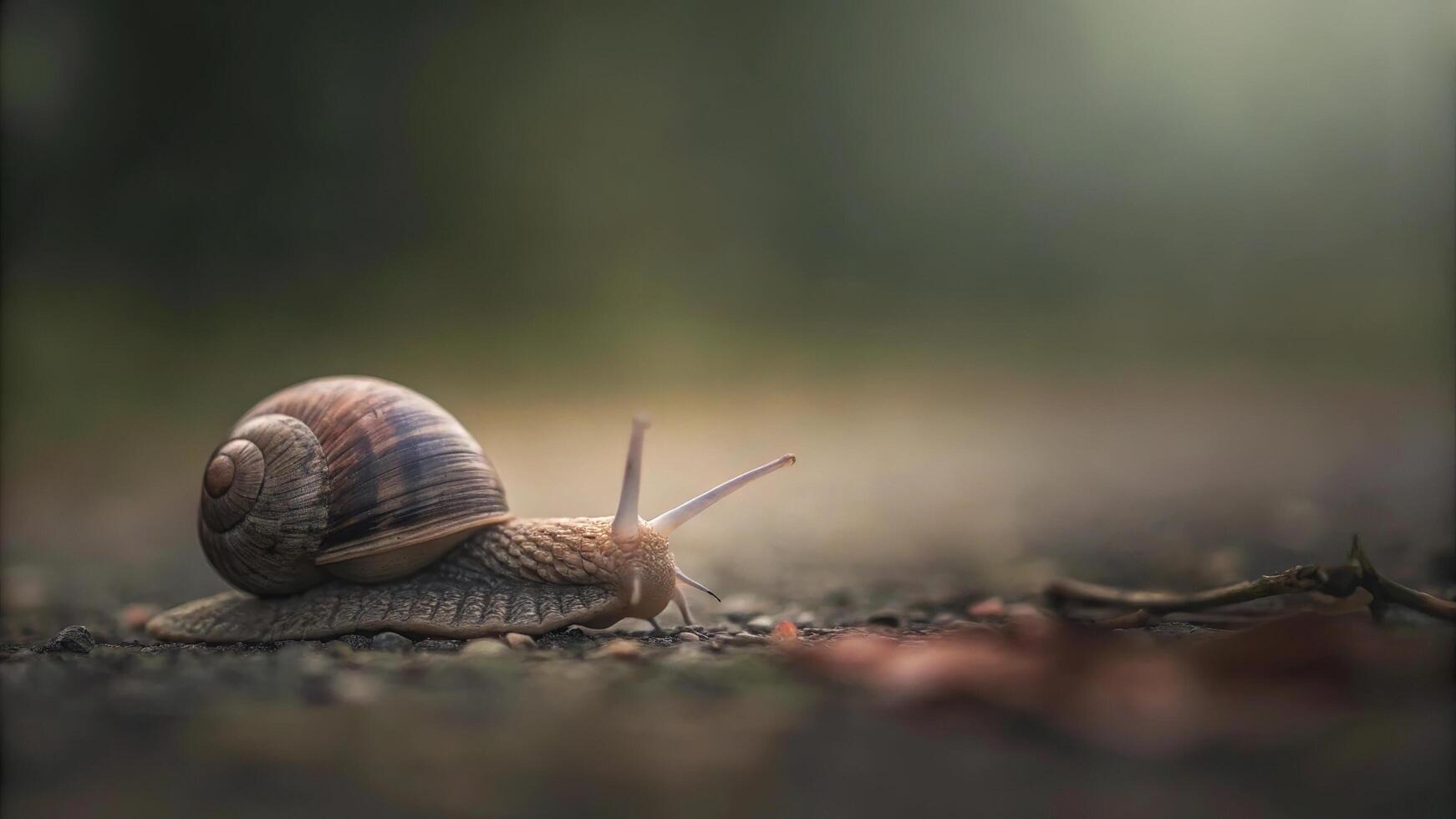 A snail slowly crawling across a textured surface in a blurred outdoor setting photo