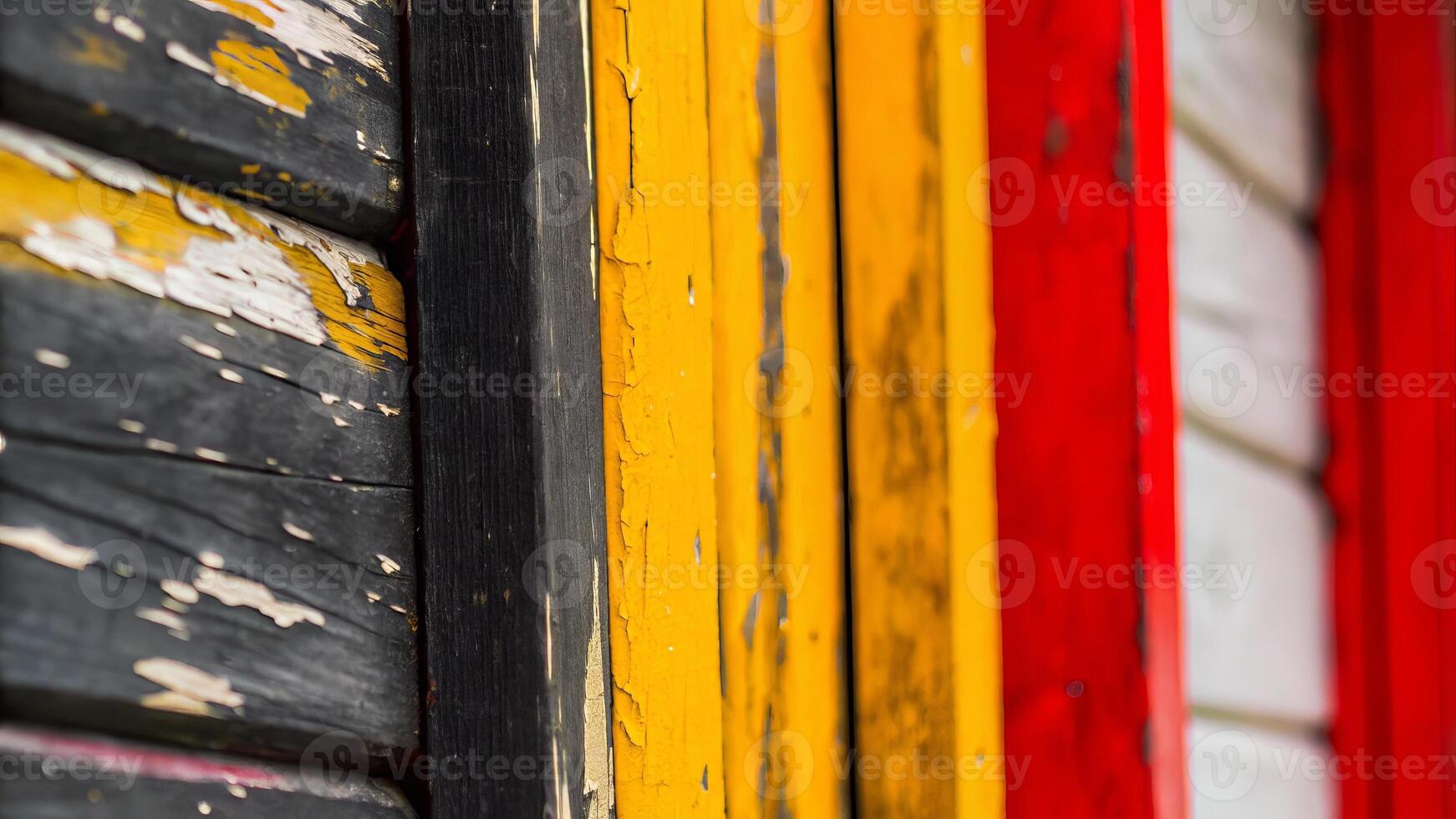 A close up of weathered wooden planks painted in black yellow and red colors photo