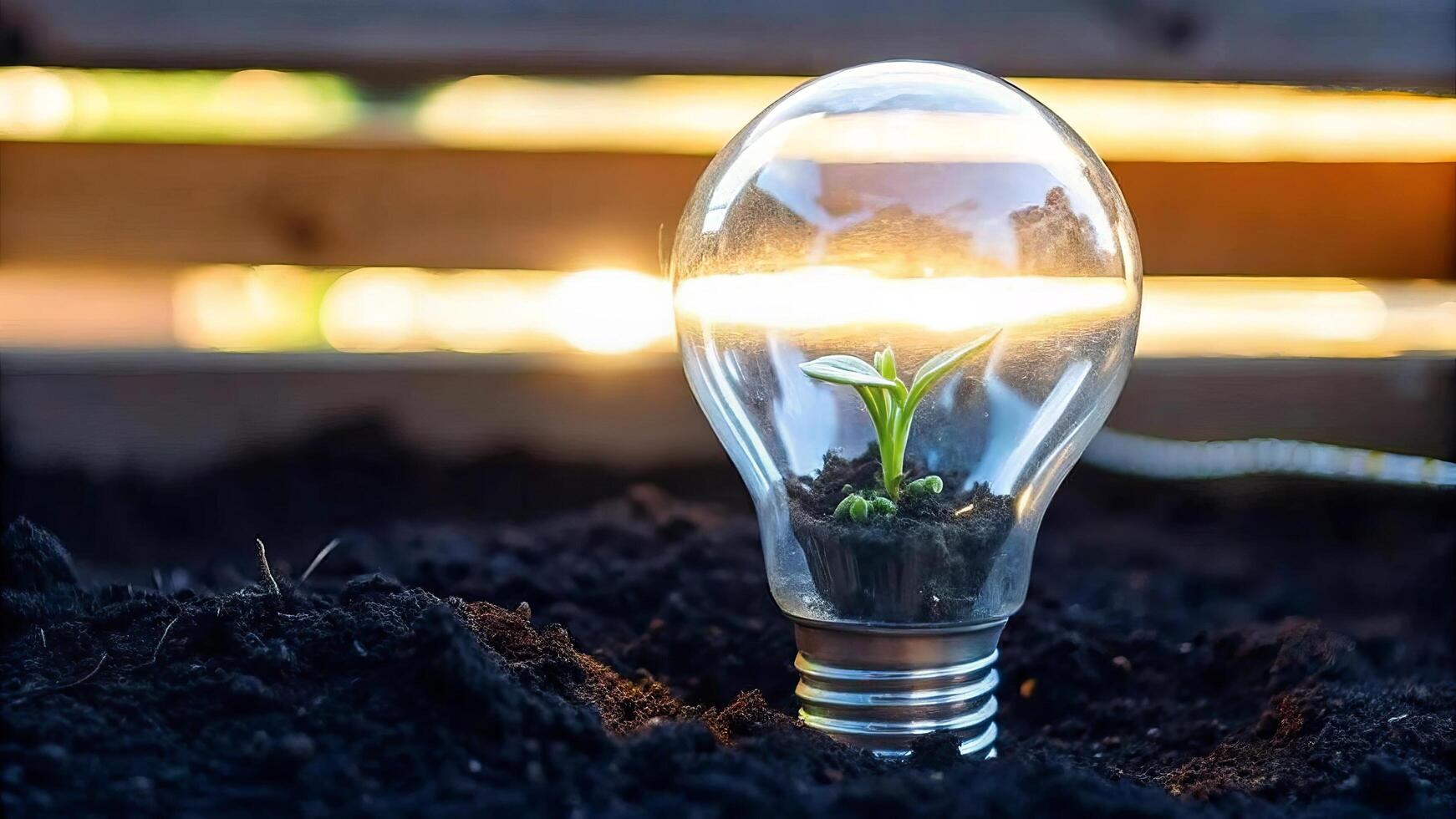 A lightbulb with a plant growing inside sitting on soil with a blurred background photo