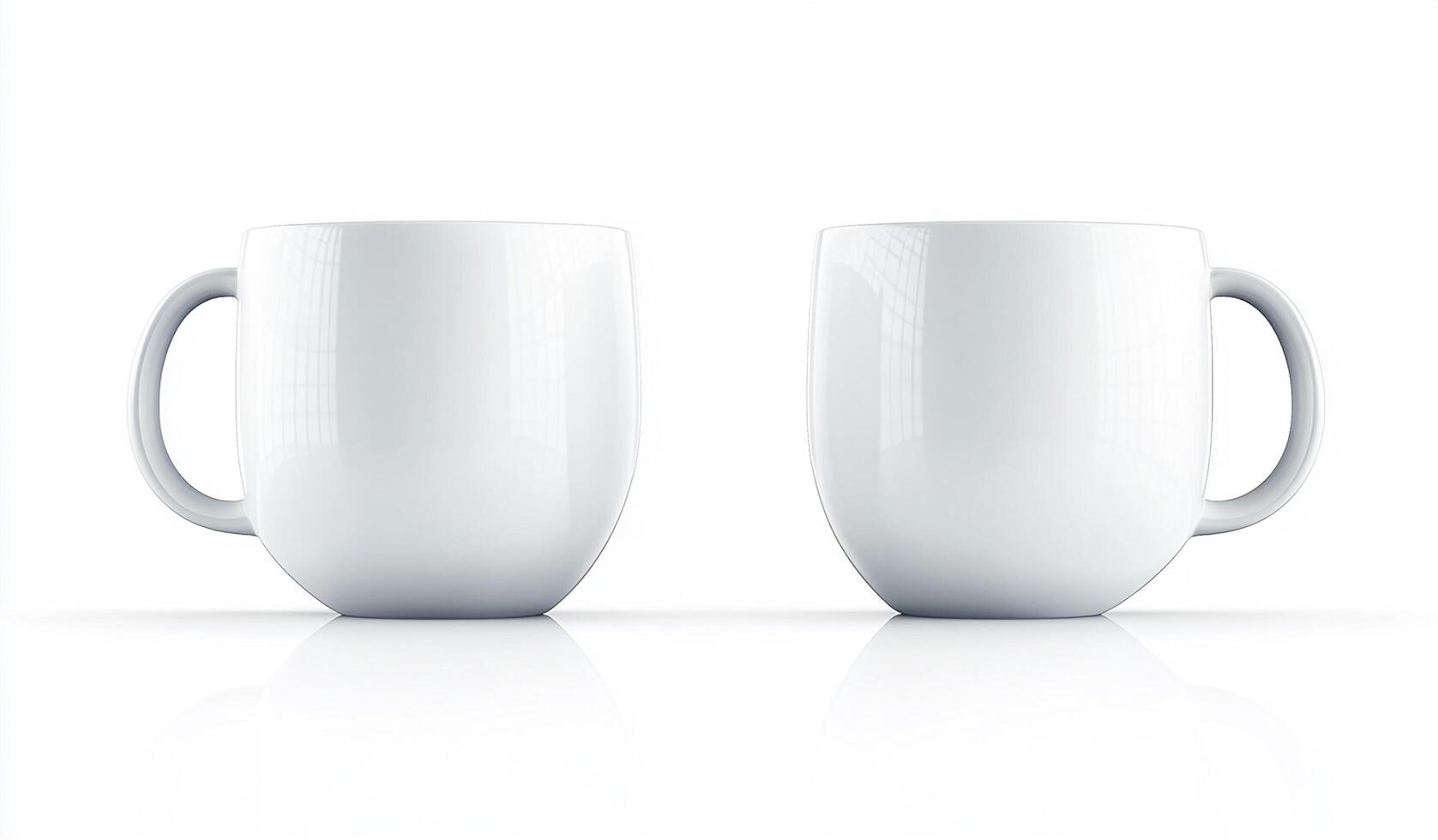 Shiny white blank mugs with curved handles displayed together on white reflective surface background photo